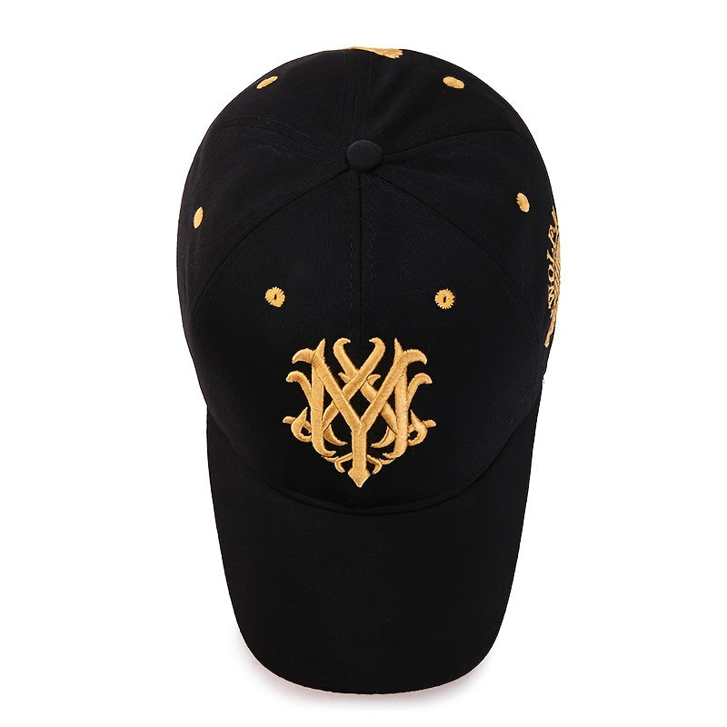Men's Embroidered Letter Baseball Cap - Adjustable Snapback, Sun Protection, Rayon, Black with Golden Embroidery, Casual Sport Hat for All Seasons