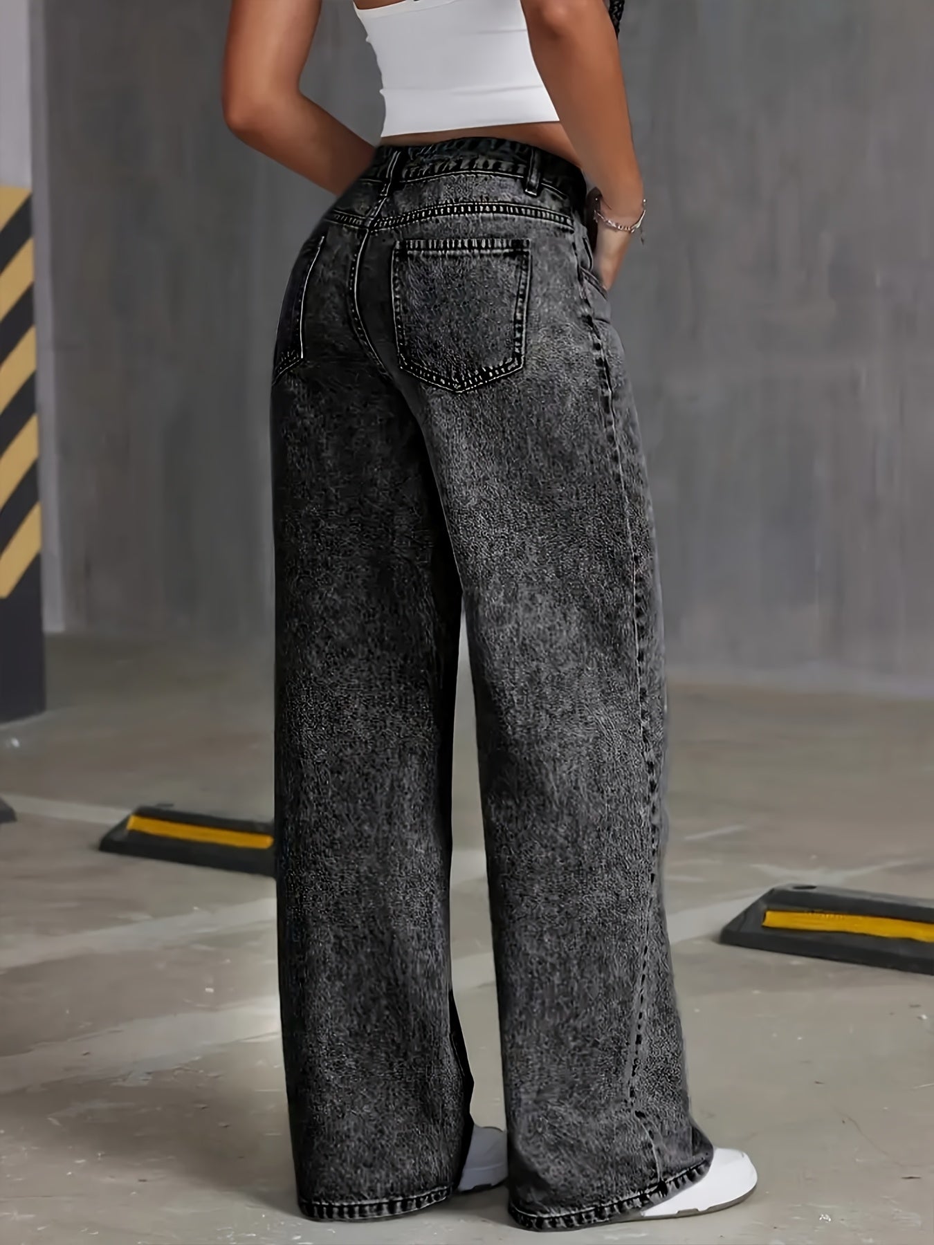 Women's High-Waisted Straight Leg Stretch Denim Jeans - Classic Comfort Fit, Snowflake Wash, All-Season Casual Wear, Black Distressed Denim with Raw Hem Detail, Casual Denim Wear | Classic Comfort Jeans | Cotton Jeans