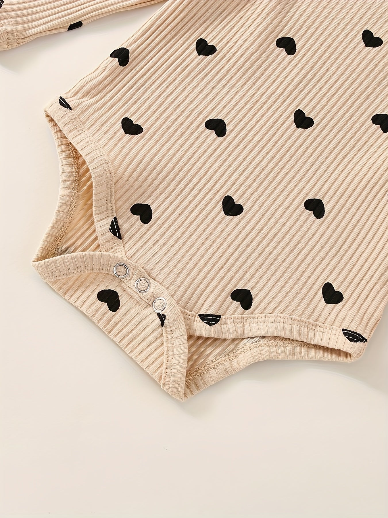3pcs Baby Girl Outfit Set, Cute Ribbed Ruffle Long Sleeve Romper & Pants, 95% Cotton 5% Spandex, Crew Neck Pullovers, Solid Color, Regular Fit, No Belt, Fall/Winter Knit Fabric, 0-18 Months, for Outdoor
