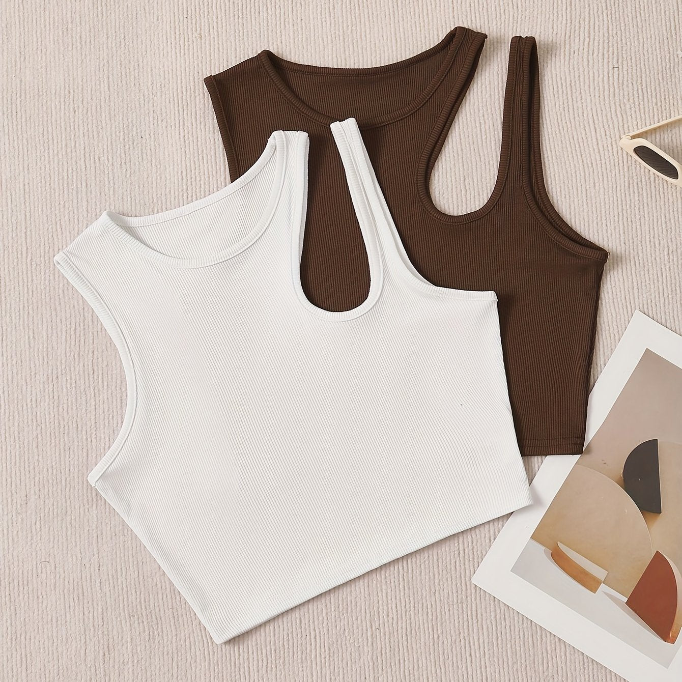 2 Packs Solid Crew Neck Tank Top, Elegant Sleeveless Asymmetrical Tank Top For Every Day, Women's Clothing