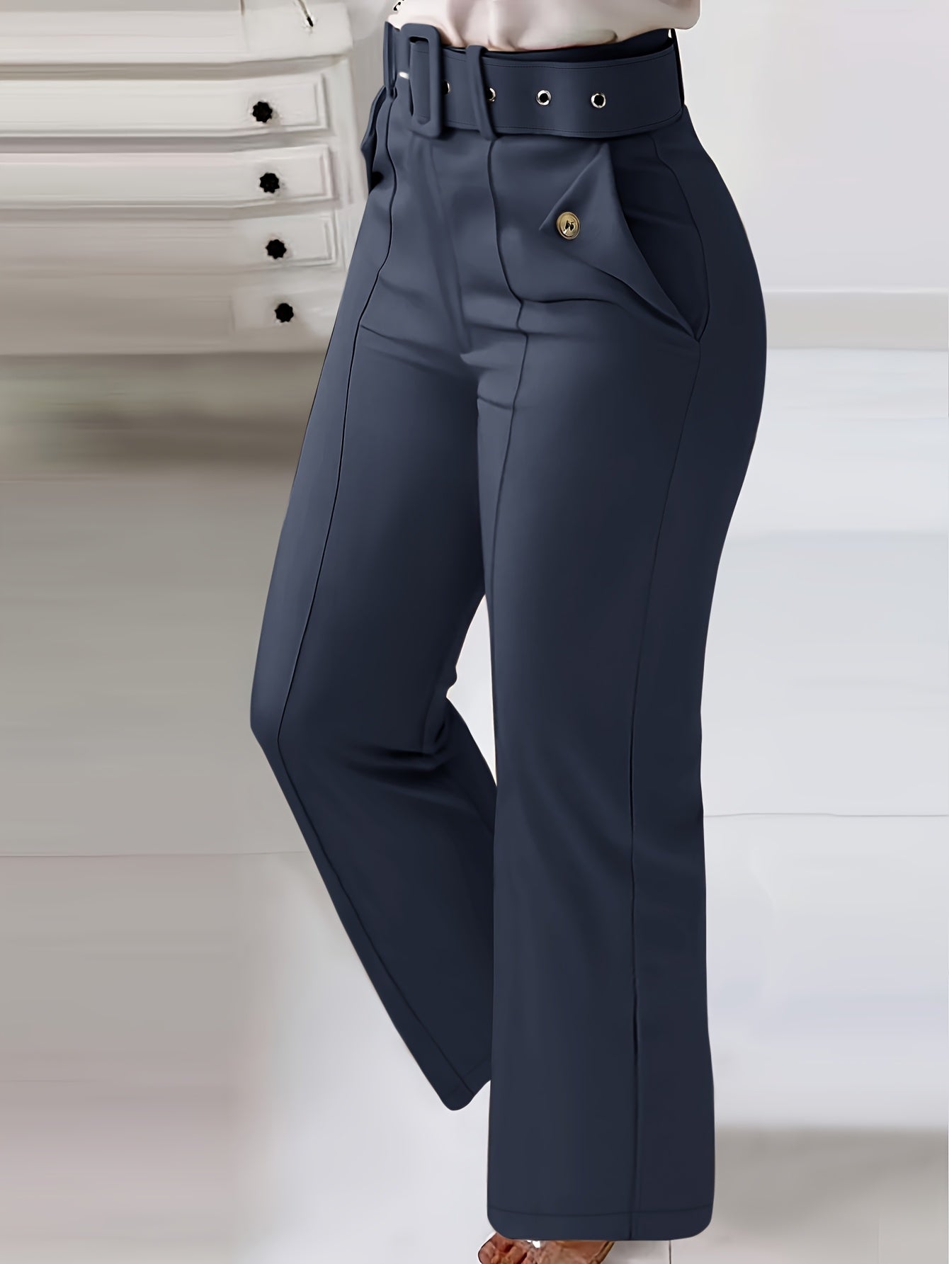 Women'S High-Waist Button-Detail Casual Straight Leg Pants, Solid Color, Polyester, with Belt, for All-Season Woven Trousers