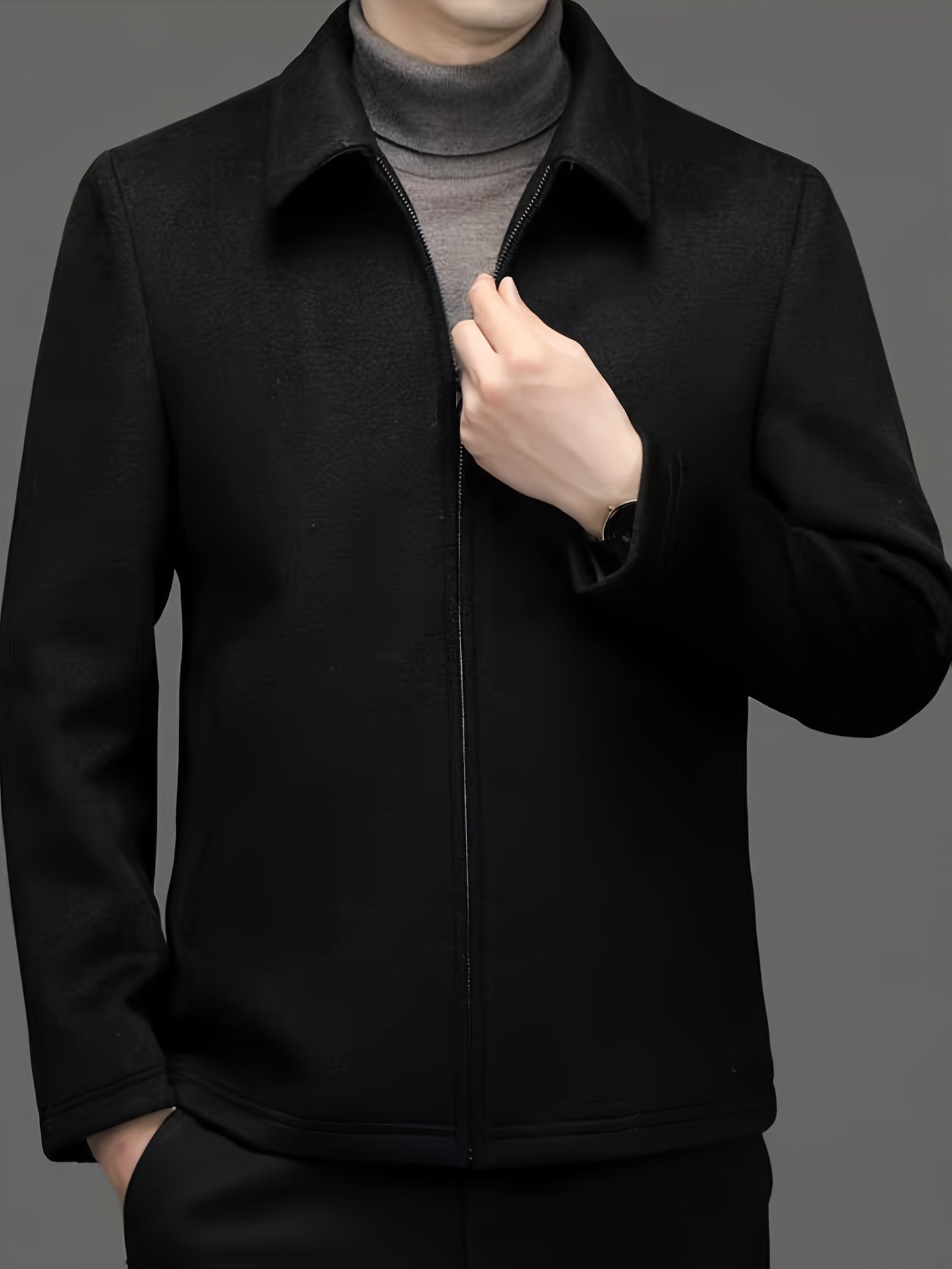 Men's Autumn and Winter Fleece Jacket with Zipper and Turn-up Collar