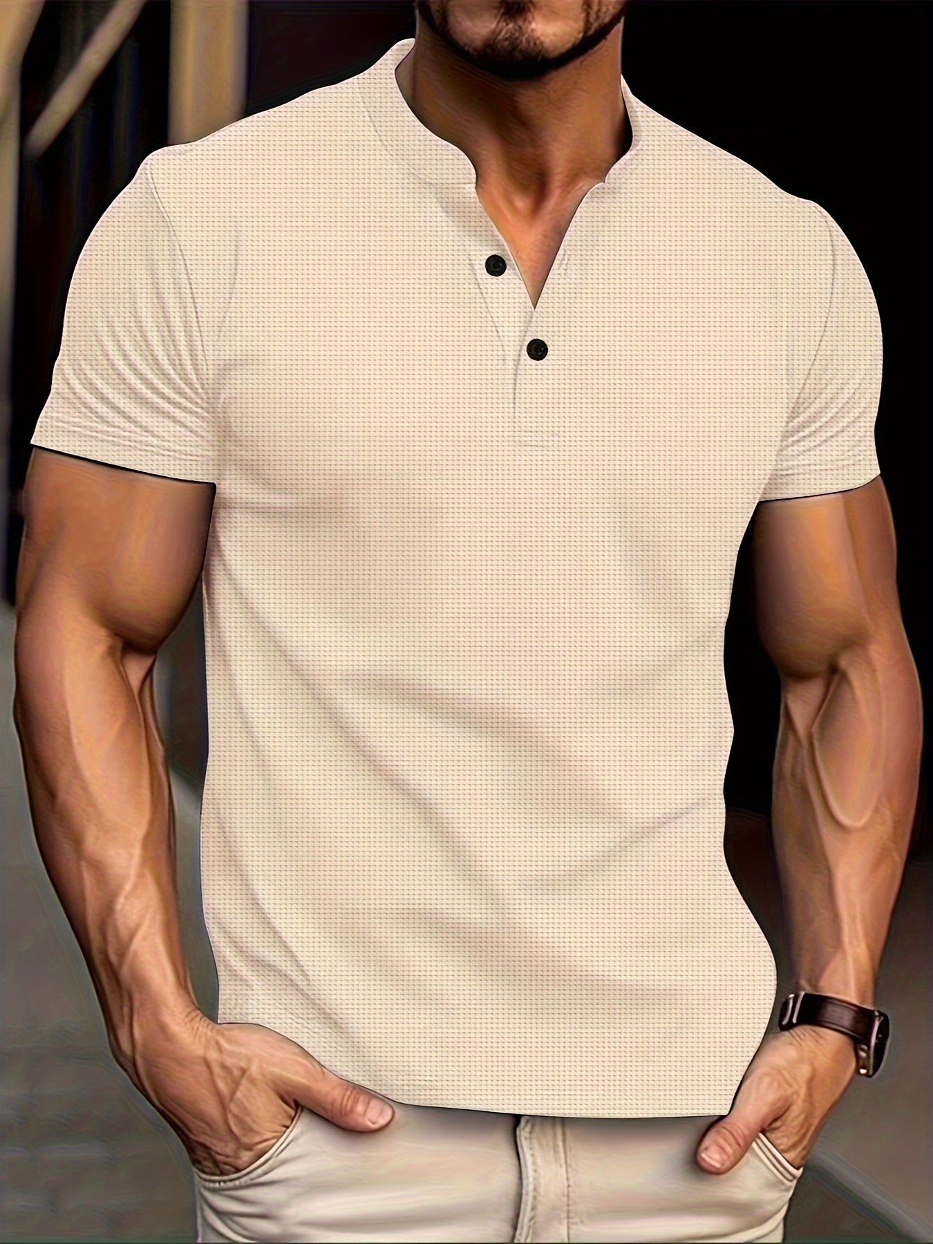 Men's Solid Waffle Stand Collar Short Sleeve Golf Shirts, Casual Style Slight Stretch Regular Fit Summer Tops, Summer Golf Shirts