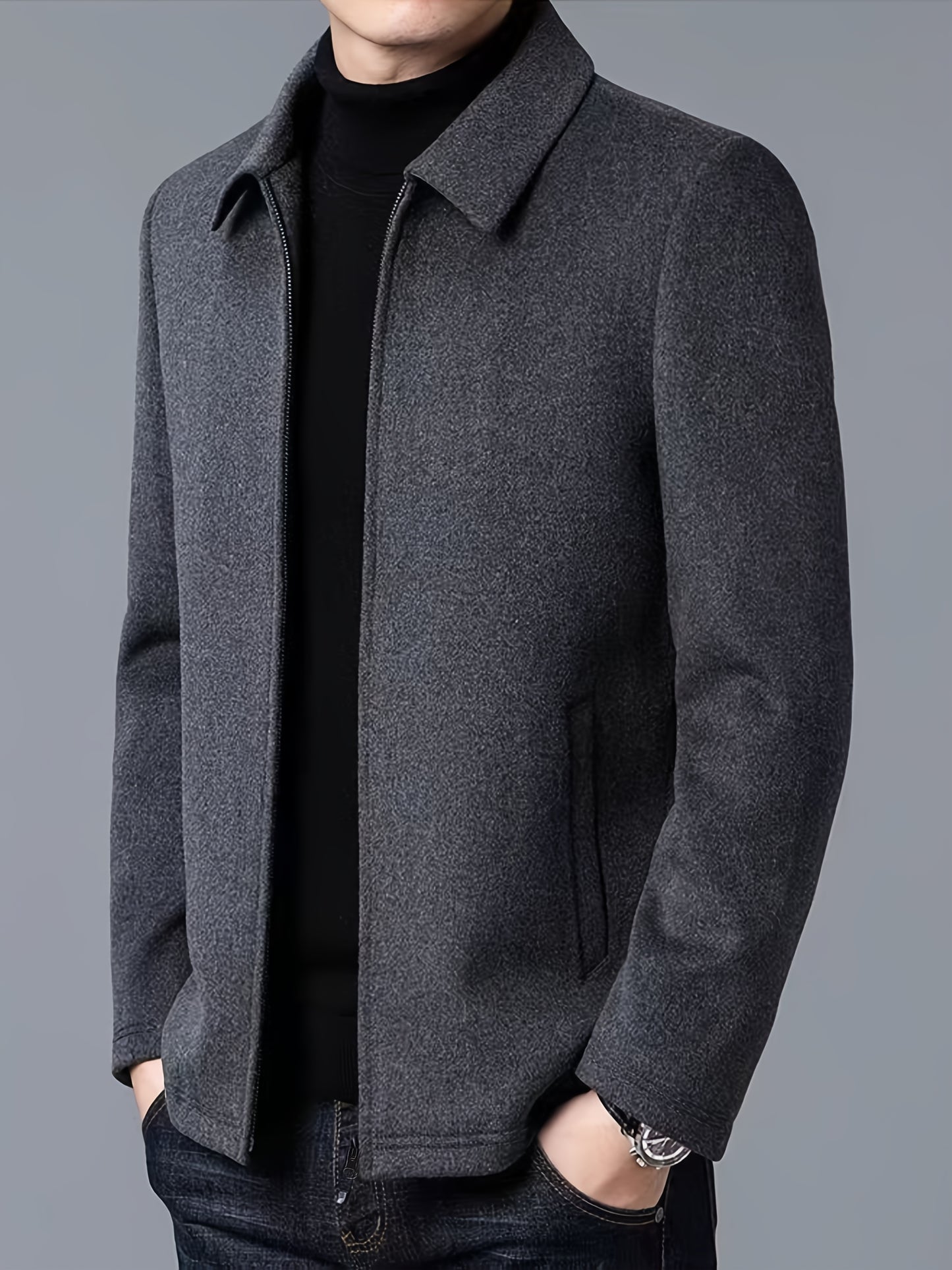 Men's Autumn and Winter Fleece Jacket with Zipper and Turn-up Collar