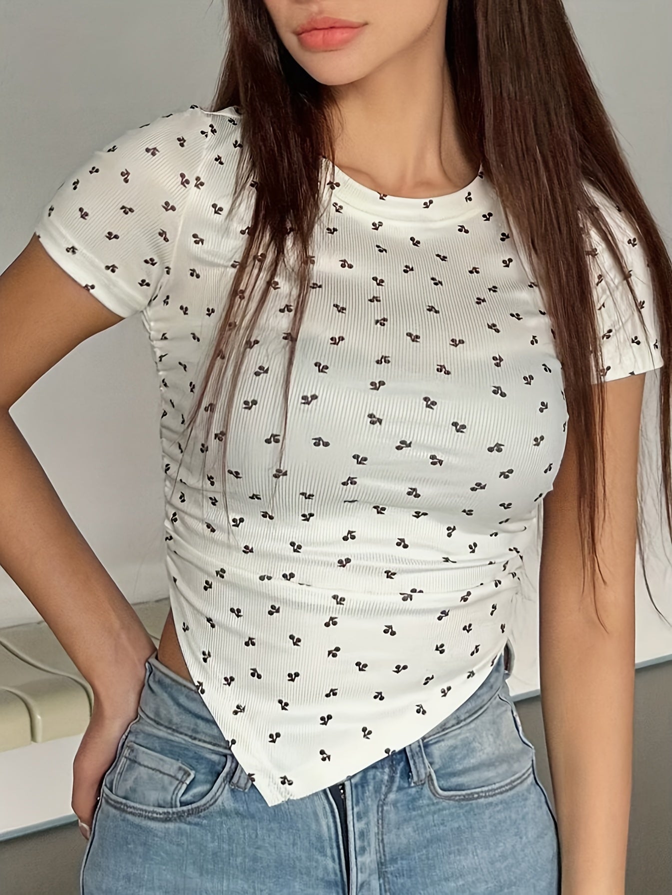 Women's Fruit and Vegetable Print Short Sleeve T-Shirt, Round Neck, Polyester Spandex Blend, Machine Washable - All Seasons