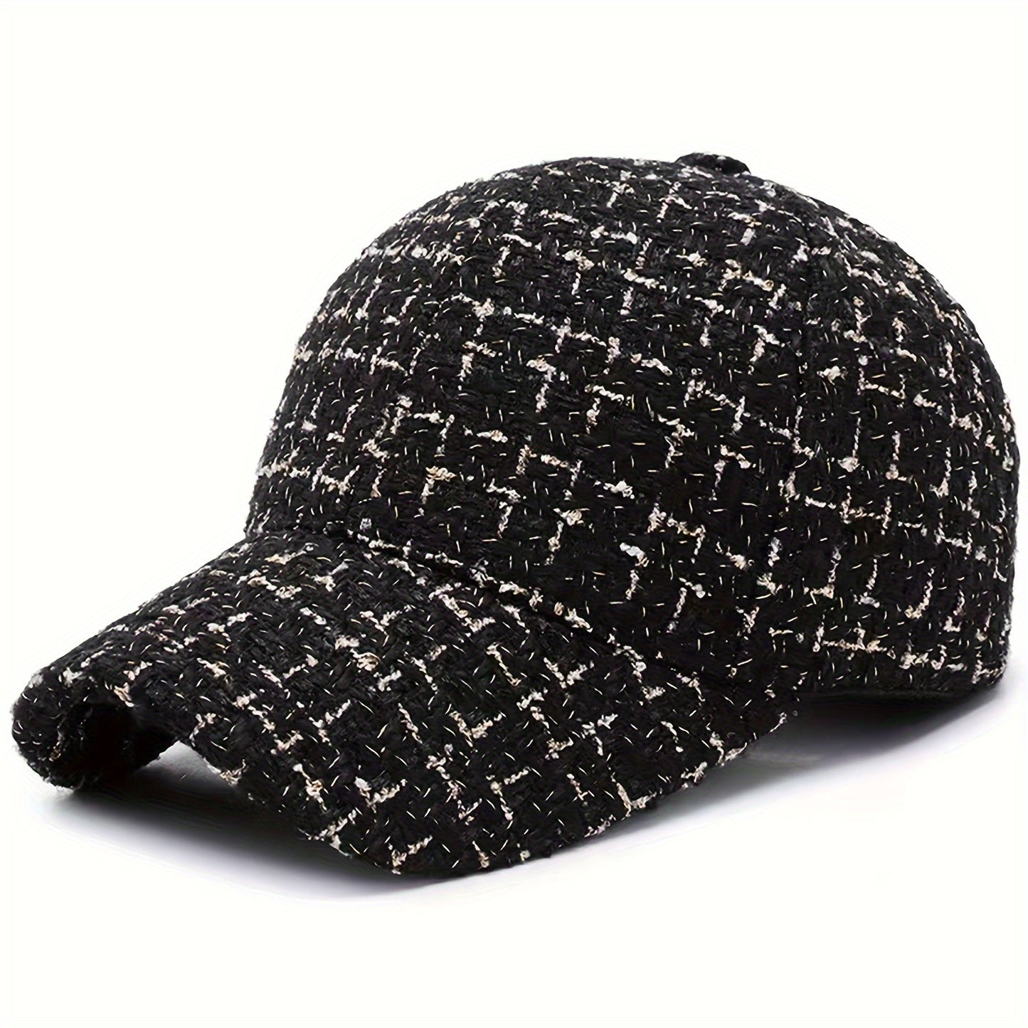 1pc Trendy Black & White Checkered Baseball Cap with Sparkly Golden Embroidery - Stylish Sun Protection Hat for Spring and Fall, Hand Wash Only, Polyester Material, Casual Wear Hat | Checkered Pattern Cap | Woven Texture Cap
