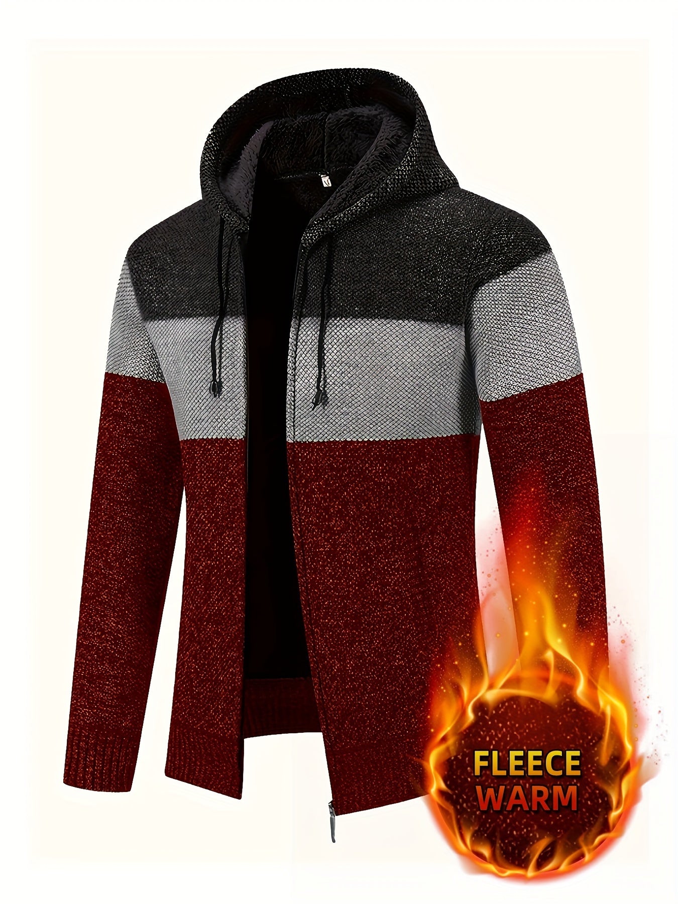 Men'S Fleece-Lined Hooded Sweater | 100% Polyester Knit | Mature Style | Striped Pattern | Long Sleeve | Regular Fit Hoodie with Medium Stretch Fabric | Casual Autumn & Winter Outerwear