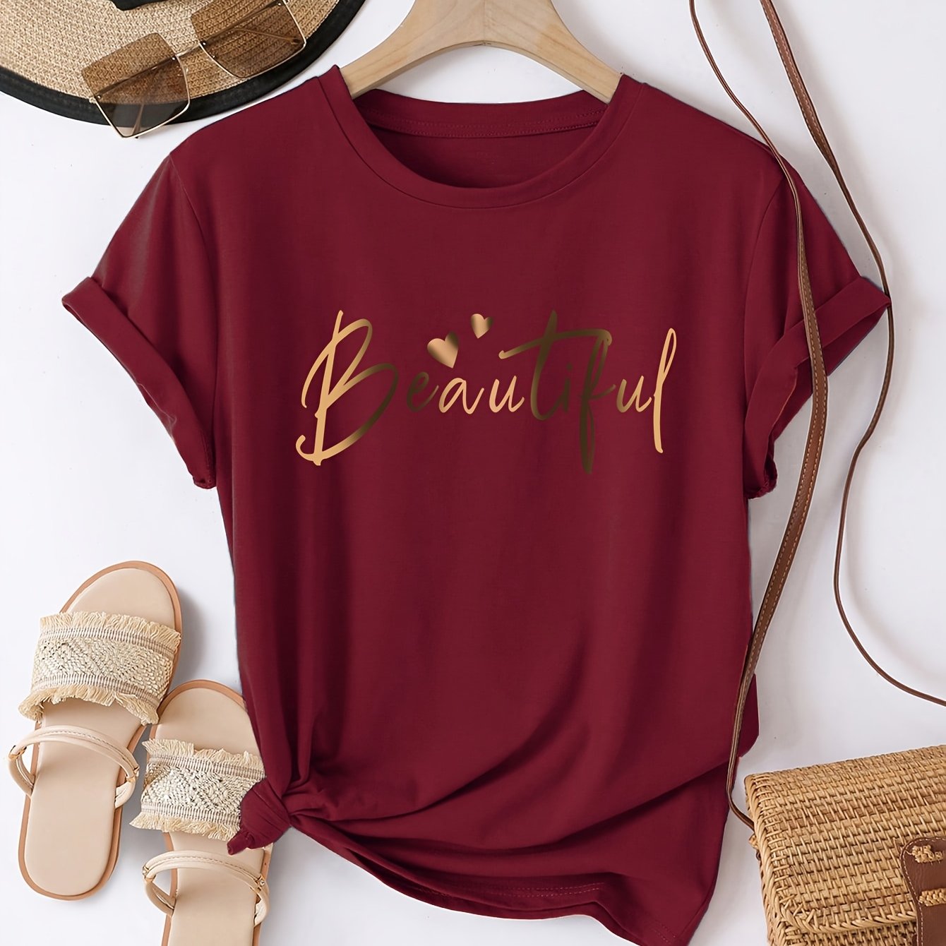 Women's Casual Letter Print T-Shirt - Soft Polyester, Short Sleeve Crew Neck Top for All Seasons, Round Neck, Sports Shirt