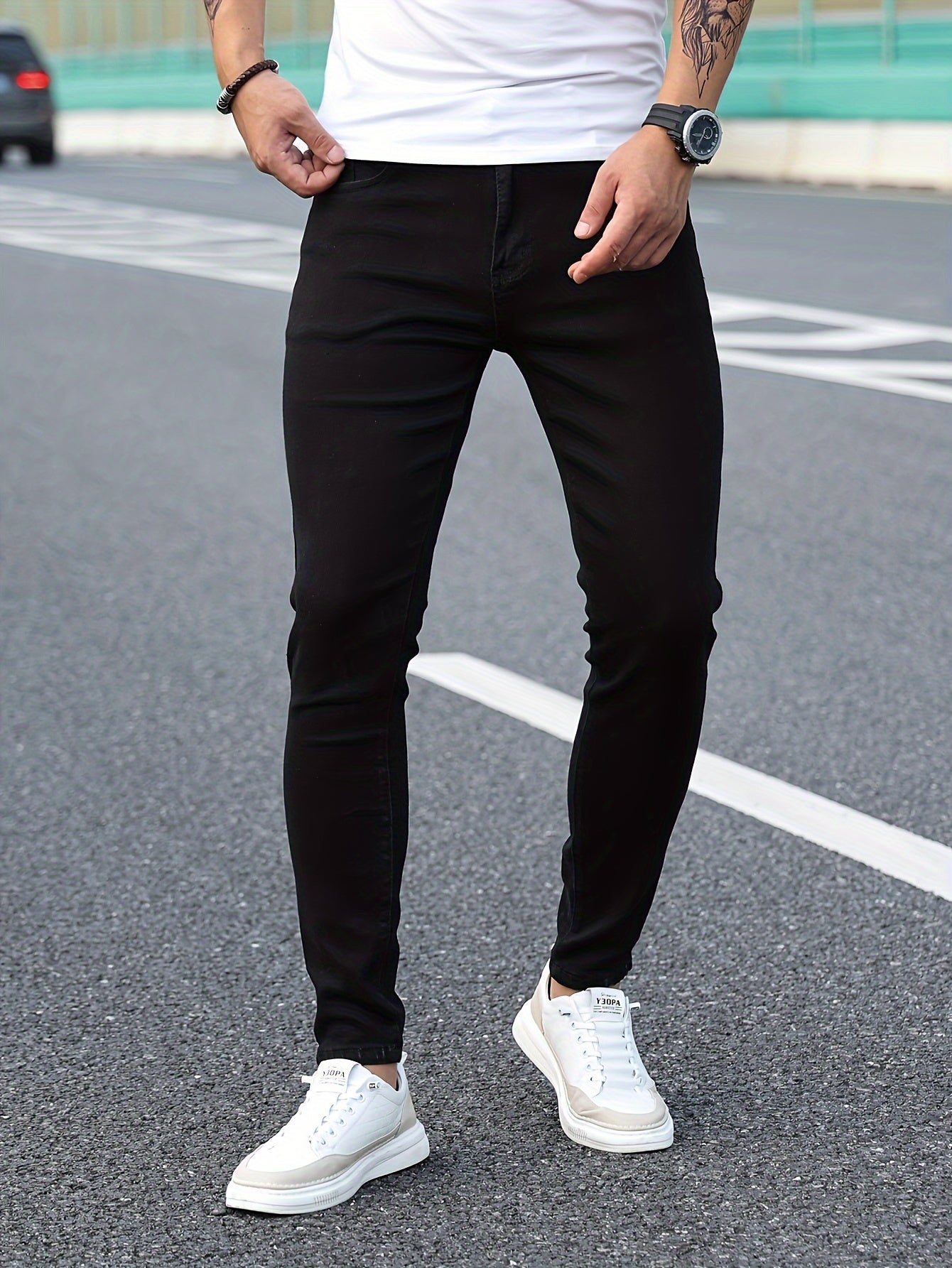 Slim Fit Chic Jeans, Men's Casual Street Style All Match Stretch Denim Pants With Pockets