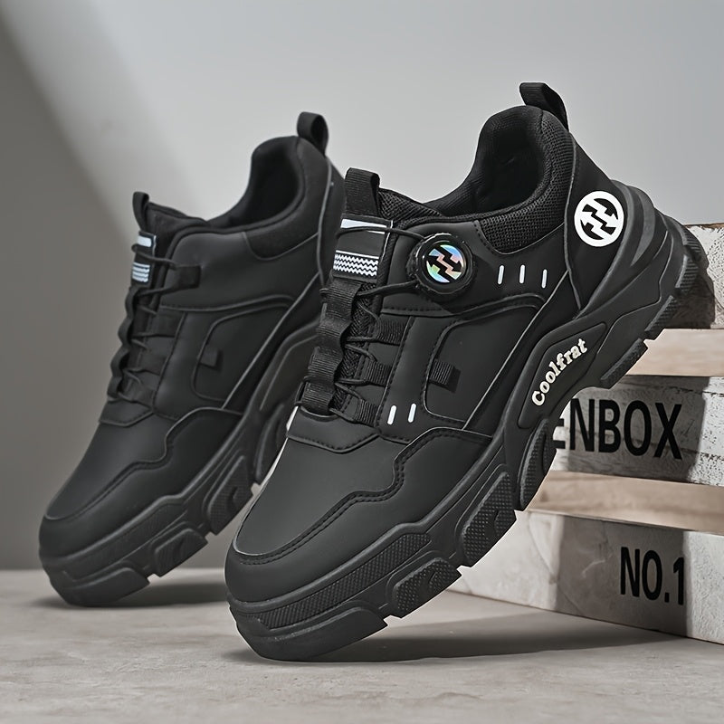 Men's Solid Color Skate Sneakers - Adjustable Rotating Buckle Straps, Slip-Resistant PVC Sole Durable PU Upper, Low-Top Lace-Up Design for Hiking, Walking, Daily Wear - All-Season Casual Streetwear Shoes, Skate Shoes