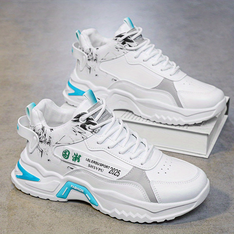 Men's Sneakers - Thick Platform Cushioned Sole, Lace-Up Closure, PU Upper Non-Slip PVC Outsole - All-Season Gym, Casual, Everyday Sneakers - Black/White Colorway - Affordable Men's Footwear, Casual Walking, Trendy Kicks, Co