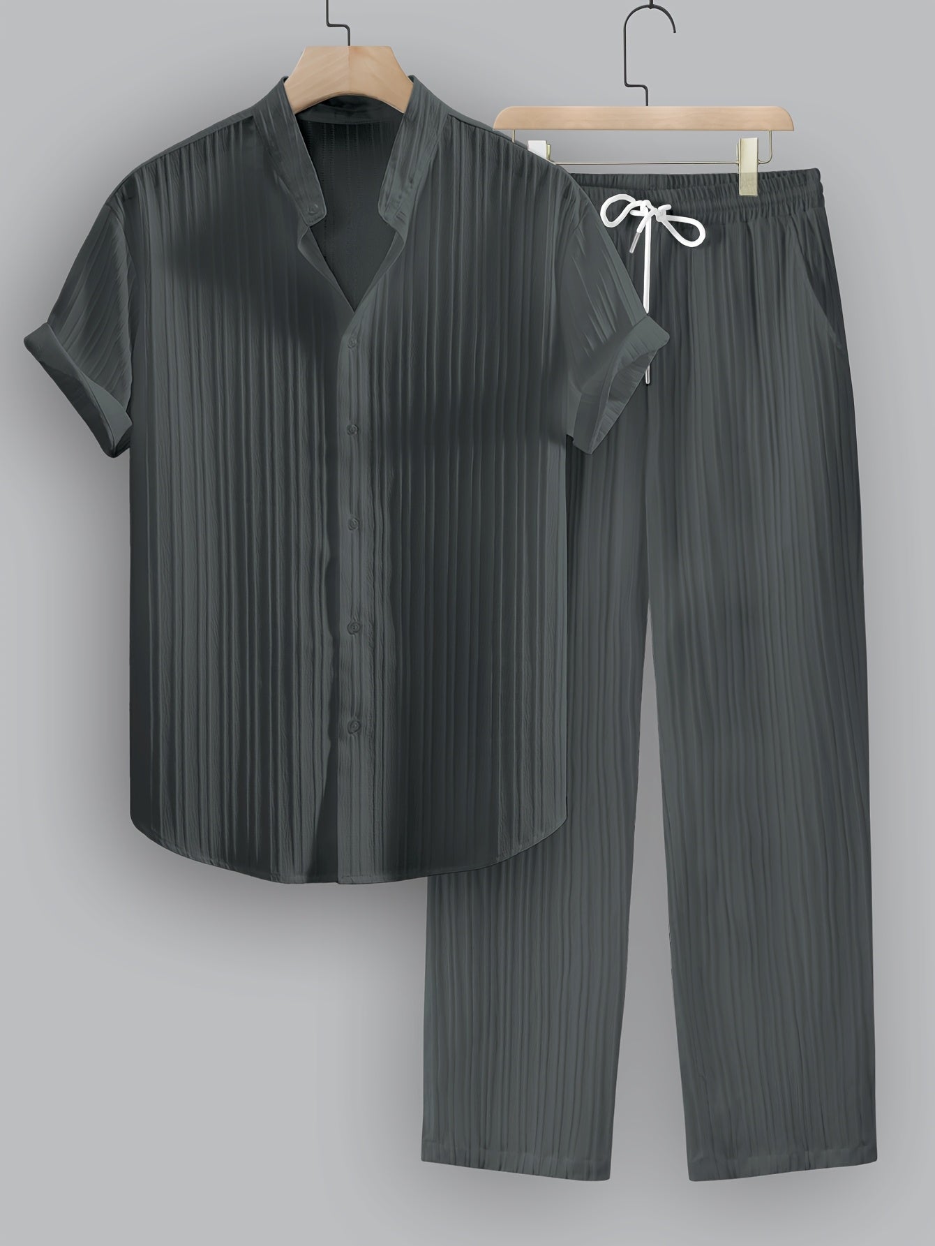 2pcs Men's Summer Casual Striped Polyester Outfit Set, Short Sleeve Stand Collar Shirt and Drawstring Pants, Non-Stretch Woven Fabric, Regular Fit for Daily Wear and Beach Vacation, Plain Color, Beach Vacation