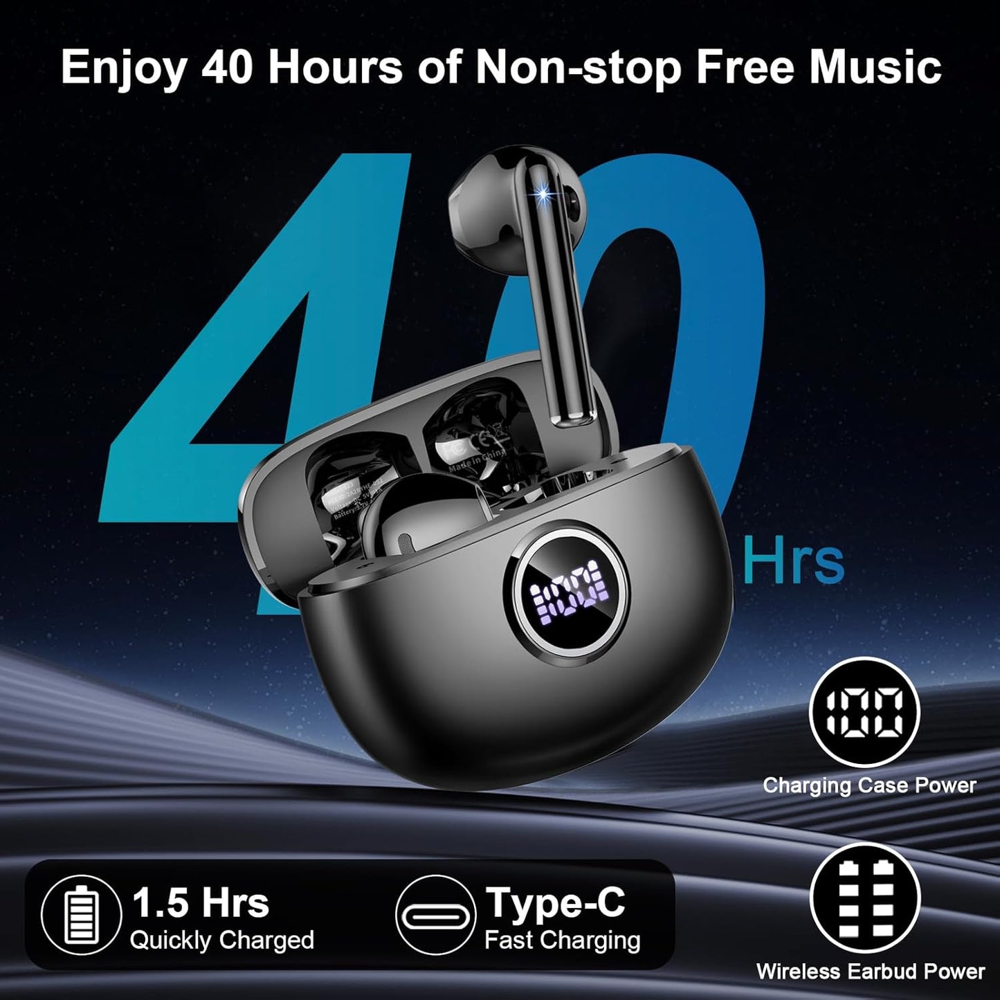 Wireless Earbuds, Bluetooth Headphones 5.3 Stereo Bass Ear Buds with ENC Noise Cancelling Mics, 40H Playtime Bluetooth Earbuds with LED Display, IP7 Waterproof in Ear Earphones for Android Ios, Black