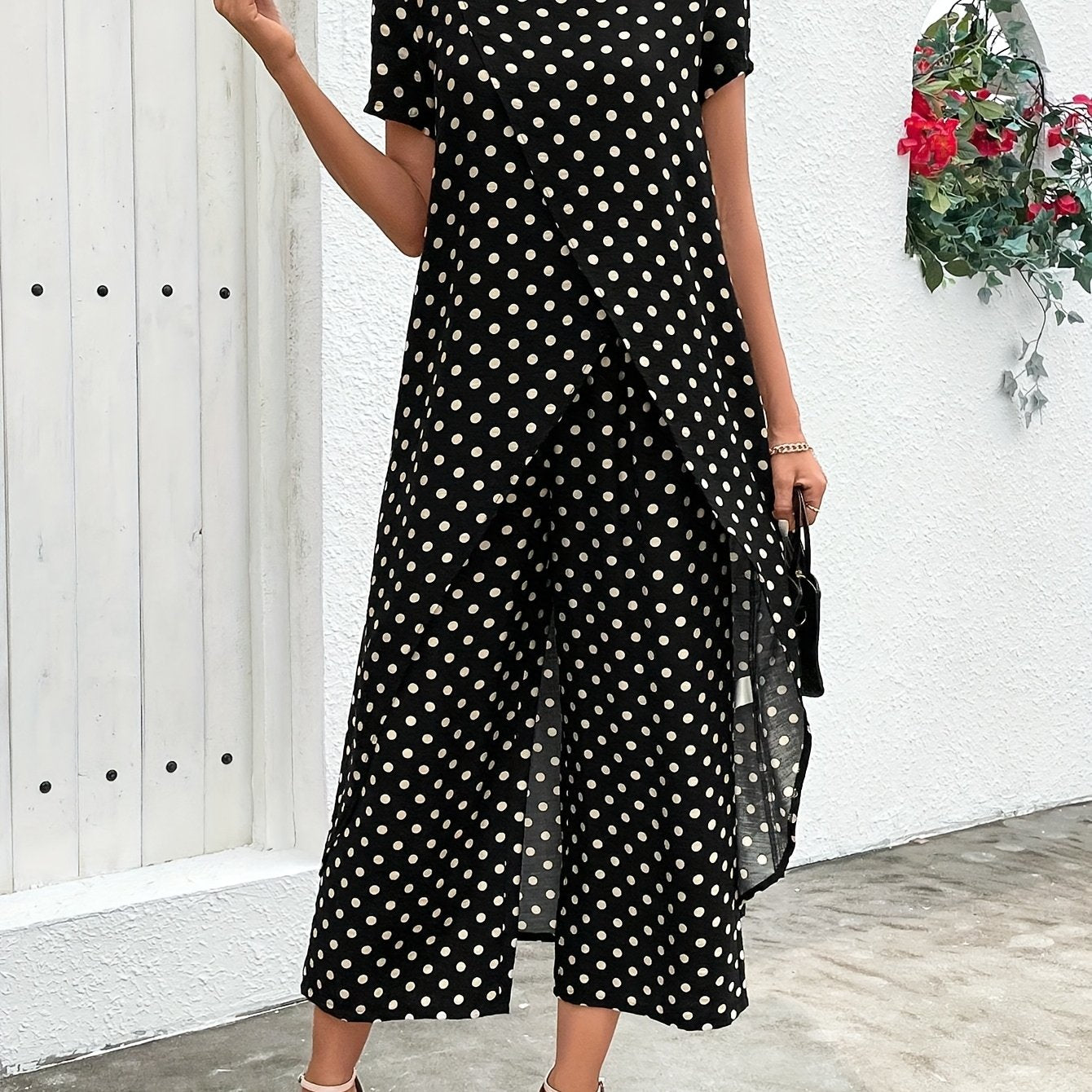 Chic Black & White Polka Dot Cross-Front Short Sleeve Maxi Robe and Pants Set - Elegant Summer Outfit for Women, Crew Neck, Non-Stretch Fabric with Asymmetrical Detail, Plus Size Friendly, Casual Elegance Wear | Polka Dot Pat
