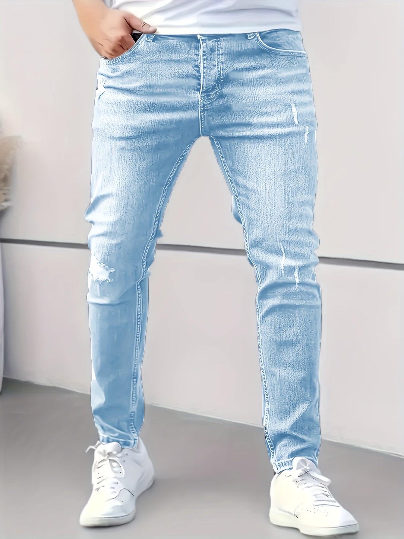 Men's Slim Fit Stretch Jeans - High Waist, Solid Color Casual Denim Pants with Ripped Detail, Machine Washable
