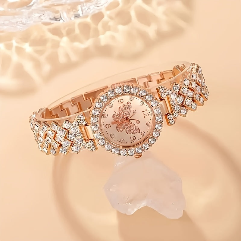 2pcs Elegant Butterfly Quartz Watch & Ladies Jewelry Set - Perfect Gift, Eternal Style and Exquisite Design, Zinc Alloy Strap and Zinc Alloy Case, Quartz Movement, Accurate, Durable, Fashionable Women's Gift, Especially Suita