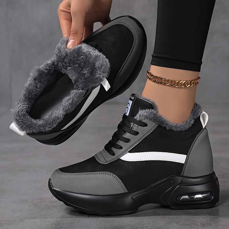 SOSENFER Women'S Winter Sneakers with Plush Lining - Low-Top Lace-Up Casual Shoes, Synthetic Cover Upper & Faux Sole, Machine Washable, Black & White Design for Casual Attire, Ladies Sneakers, Comfortable Footwear, Durable Tr
