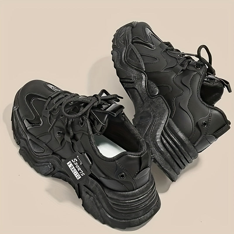 Women's Fashion Chunky Sneakers, All-Season Lightweight Lace-Up Sports Shoes with Breathable Mesh, Solid Color Low Top Casual Dad Shoes, PU Upper, Fabric Inner & EVA Sole