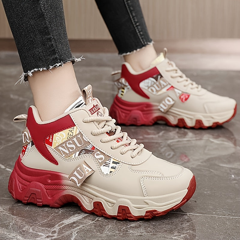 Women's Breathable Lightweight Running Shoes - Trendy Color Block Design with "NO Fear Limits" Print, Casual Athletic Sneakers, Lace-Up Closure, Beige Red Upper, Rubber Sole, All-Season Wear, Ladies Sneakers, Sporty Lifesty