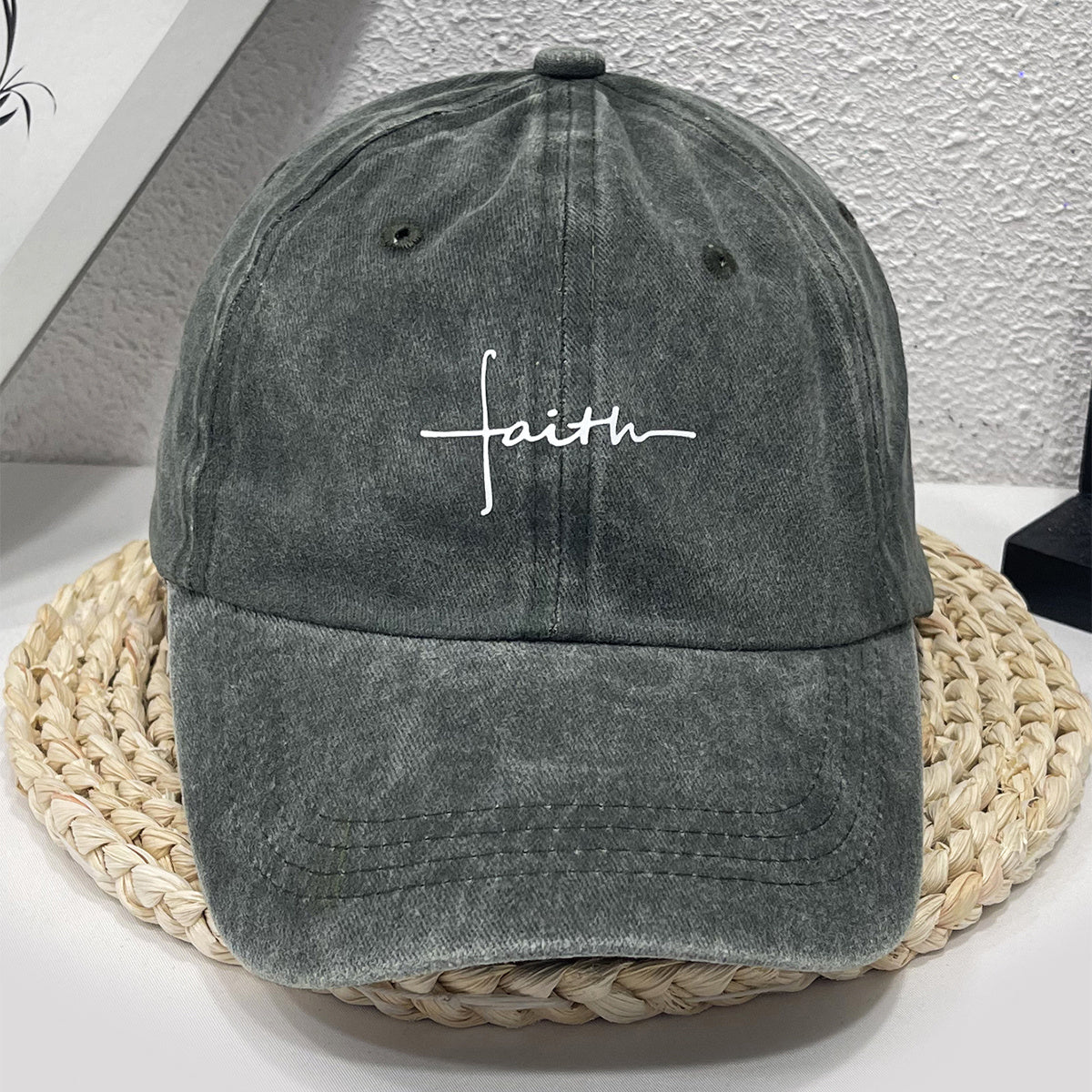 Vintage Street Style Water Wash Denim Polyester Baseball Cap, Faith Print, for Men, Women