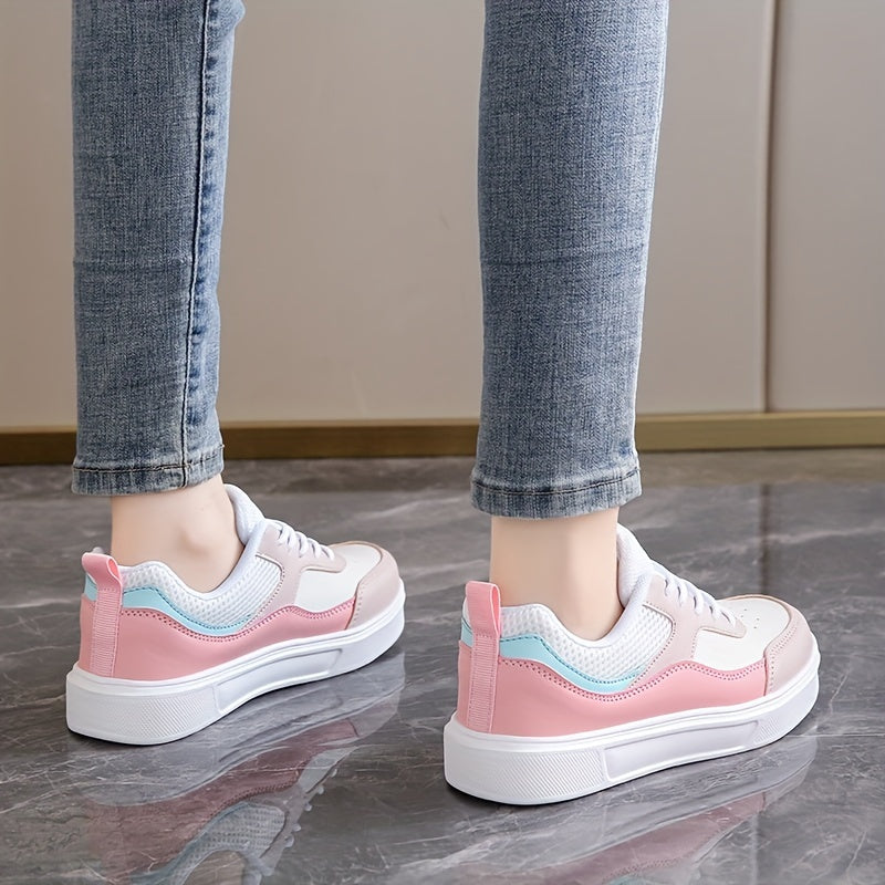 Stylish Women's Low-Top Sneakers - Lightweight Casual Shoes with Pastel Pink & Light Blue Accents, Synthetic Cover Upper, Breathable Mesh Lining, EVA Sole for Comfort, Perfect for Casual Attire & Travel