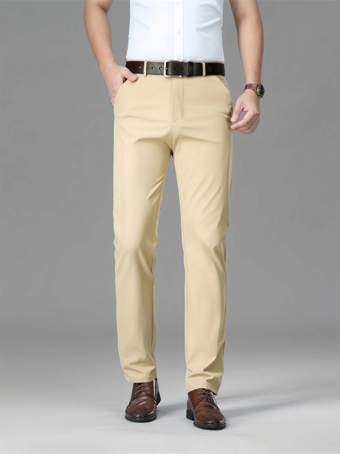 Men's Lightweight Summer Casual Pants, Slim Straight Fit, Polyester, Mid-Rise, Built-in Zipper, Regular Length - Ideal for Casual Attire