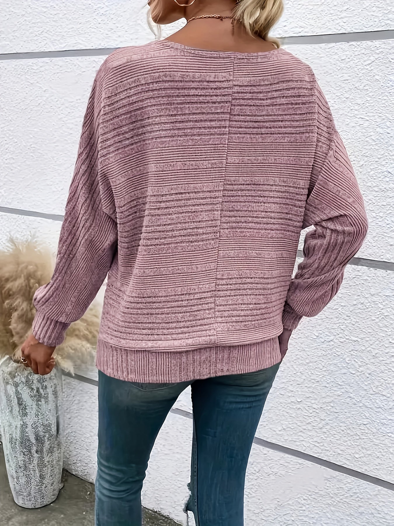 1 հատ Women'S Casual Crew Neck Knit T-shirt - պոլիեսթեր պինդ գույնի երկարաթև վերնաշապիկ գարնան/աշունի համար