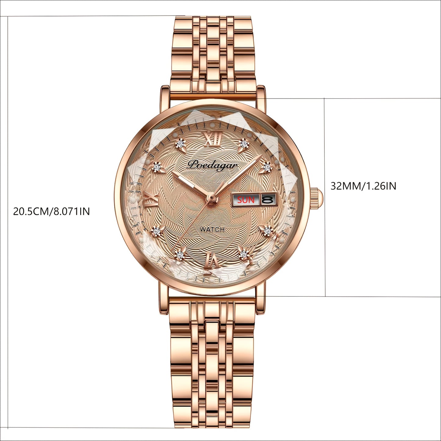 POEDAGAR Women's Luxury Quartz Watch, Luminous with Dual Calendar & Date Display, Stainless Steel Band
