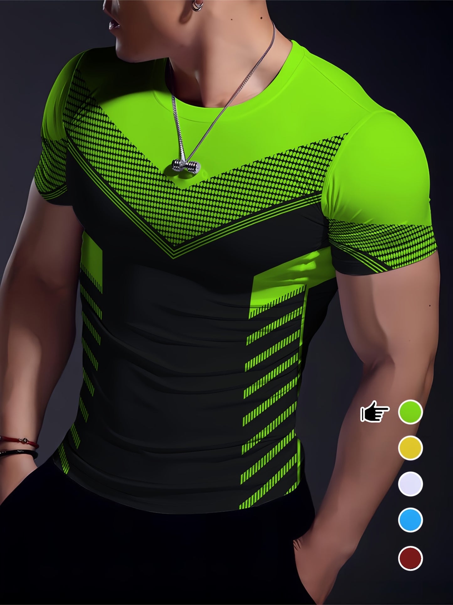 Men'S Geometric-Pattern Sports T-Shirt, Polyester Blend, Crew Neck, High Stretch, Short Sleeve, Quick-Dry, Tear-Resistant, Knit Fabric, Skinny Fit, with 3D Heat Sublimation for Running, Yoga, Training, Hiking, Casual & Athlet