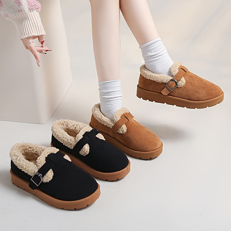 Women'S Warm Fleece-Lined Ankle Slippers, Solid Color, Round Toe, Fabric Upper/Inner, Rubber Sole, Cozy Winter Footwear