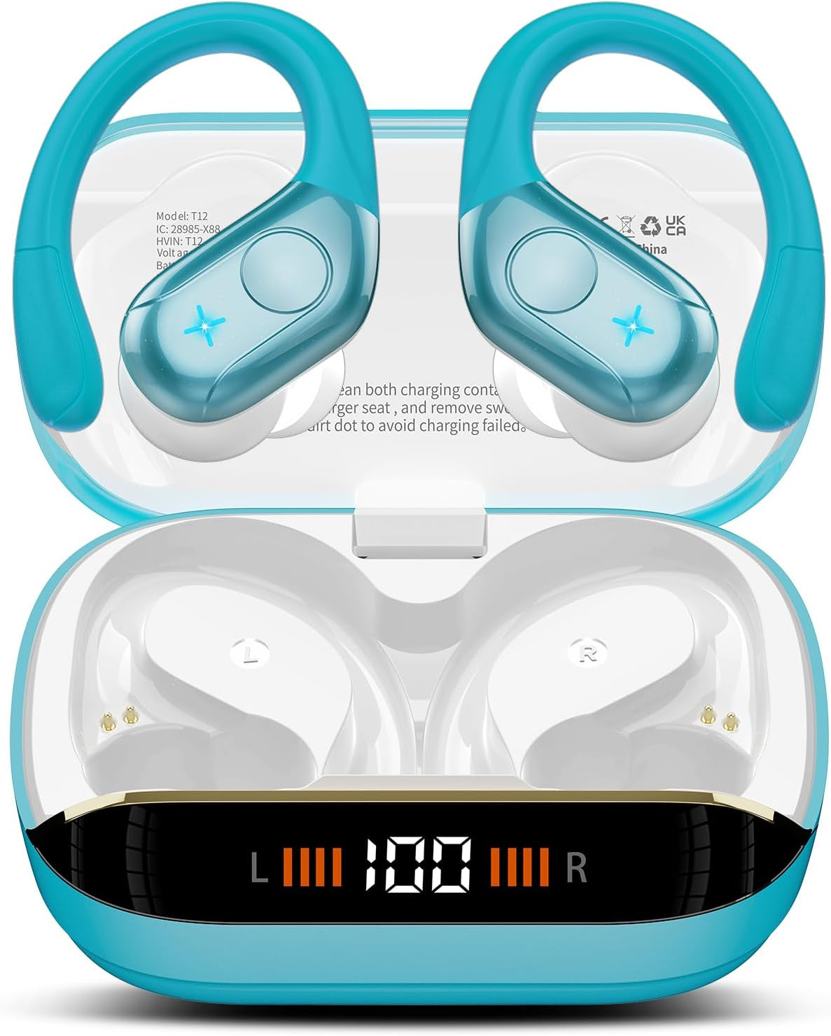 Wireless Earbuds Bluetooth 5.4 Headphones 75H Playtime Stereo Deep Bass Sports Ear Buds with Earhooks, LED Display Bluetooth Earbuds with 4 ENC Mic, IP7 Waterproof Earphone for Workout/Running, Black