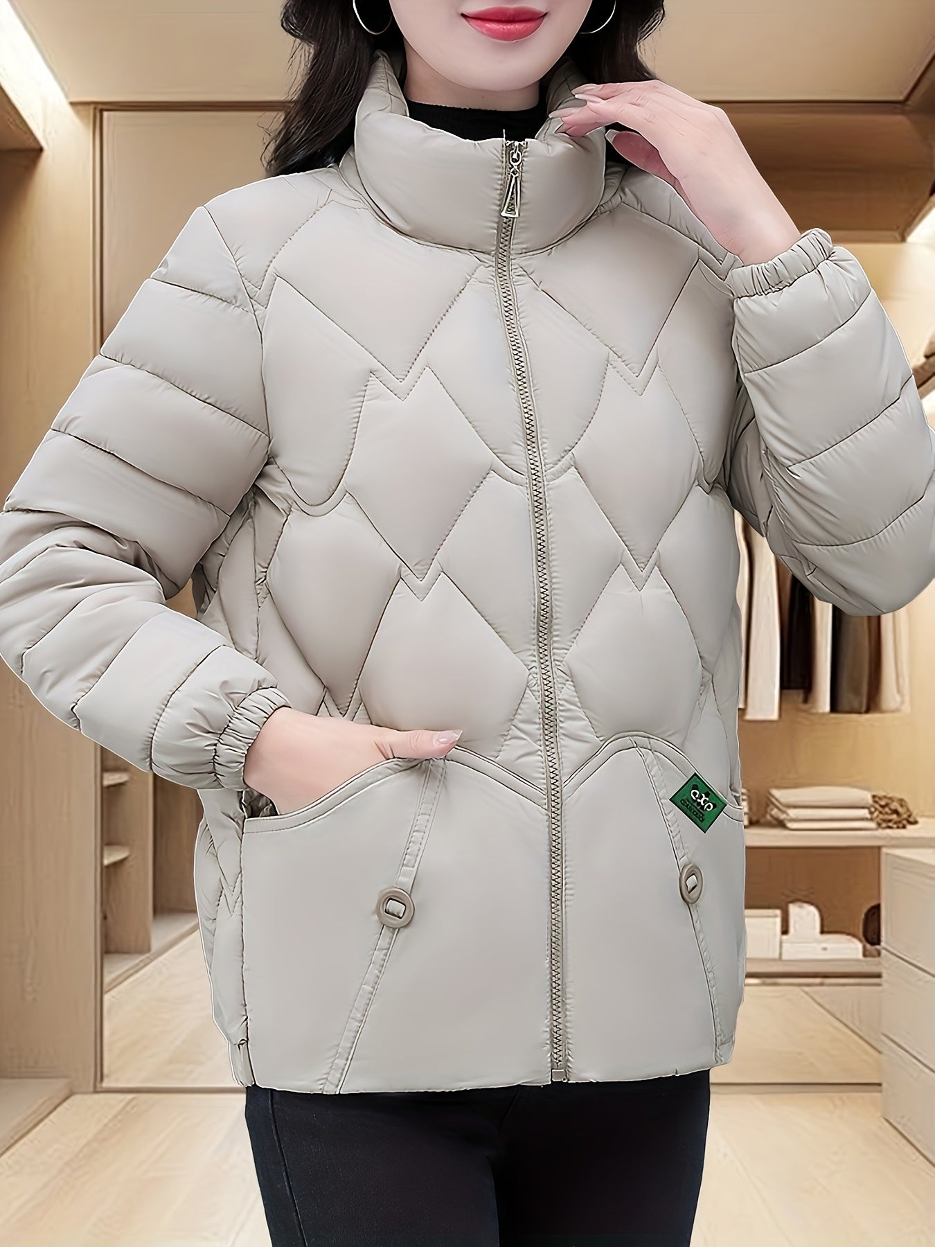 Women'S Embroidered Quilted Jacket, Casual Long Sleeve Polyester Coat, Non-Stretch H-Contoured Regular Fit, Pleated Hem, Thick Warm Winter Outerwear for Middle-Aged Moms