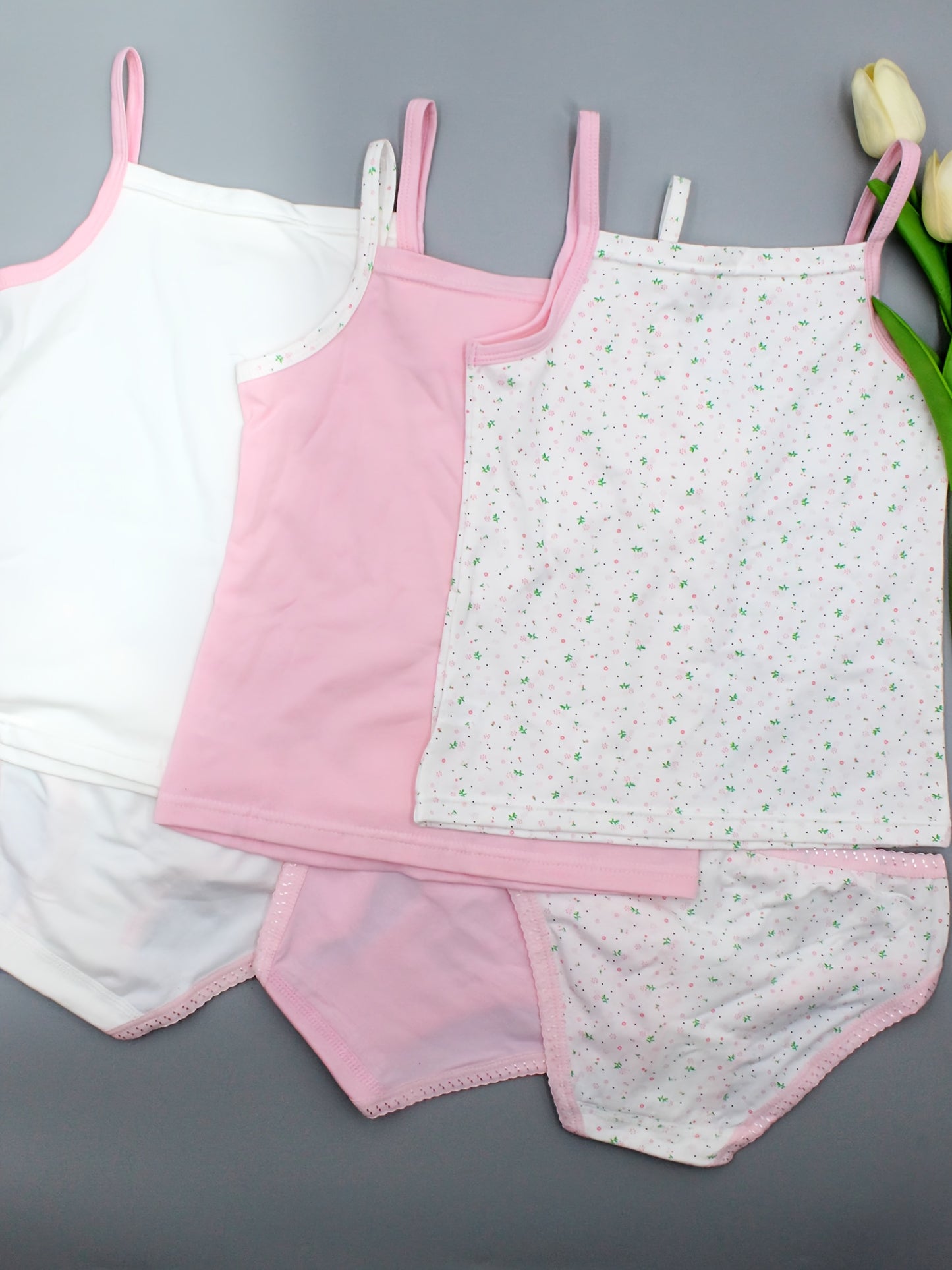 Girls' Cotton Floral Camisole & Briefs Set - Comfortable 3-Pack
