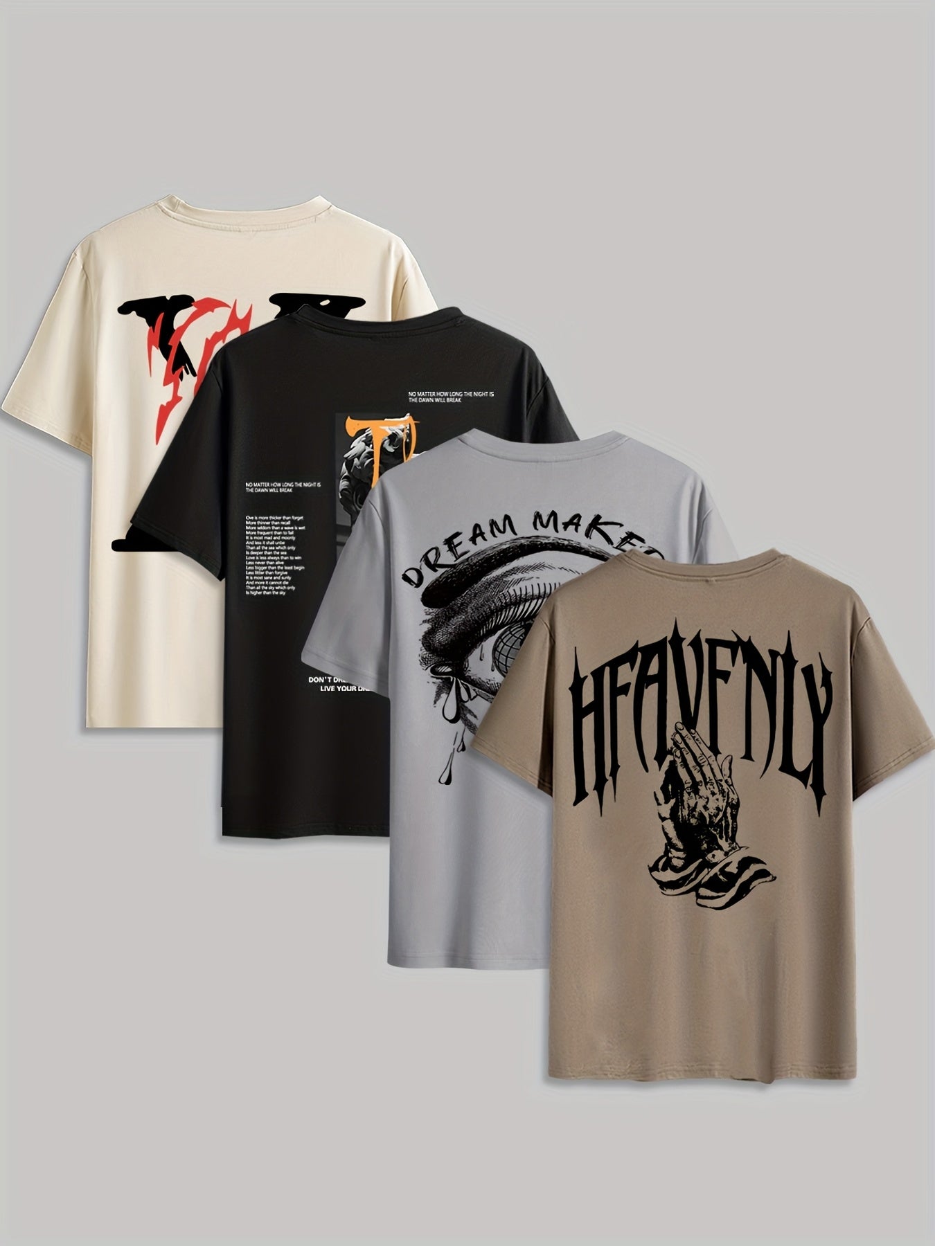 4pcs Men's Graphic Tees - "Heavenly" More Designs, Casual Crew Neck Short Sleeve T-Shirts in Beige, Black, White - Lightweight Polyester for Summer Outdoor Wear