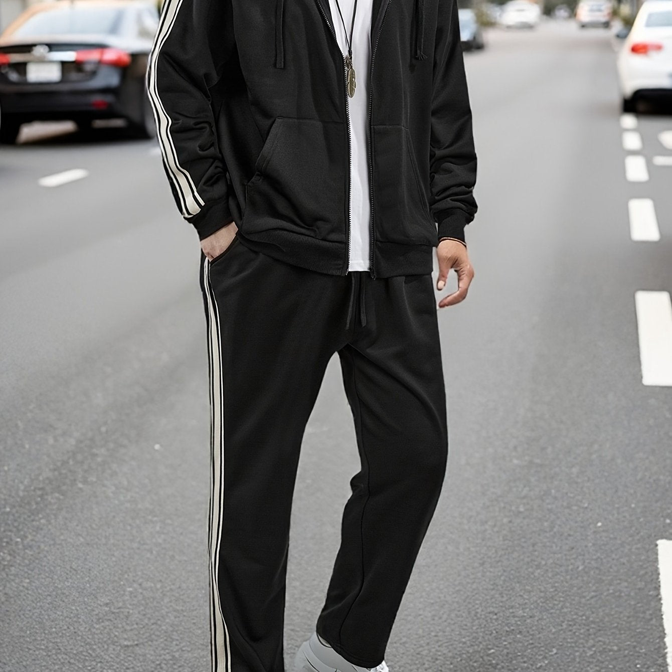 New Cross-Border Casual Sportswear Set of 2pcs, Hooded Zipper Cardigan Jacket Is Easy And Easy to Match, Side Striped Sweatpants Hide Meat And Show Long Legs, Daily Commute, Full of Comfort, Black Main Tone + Side Stripes