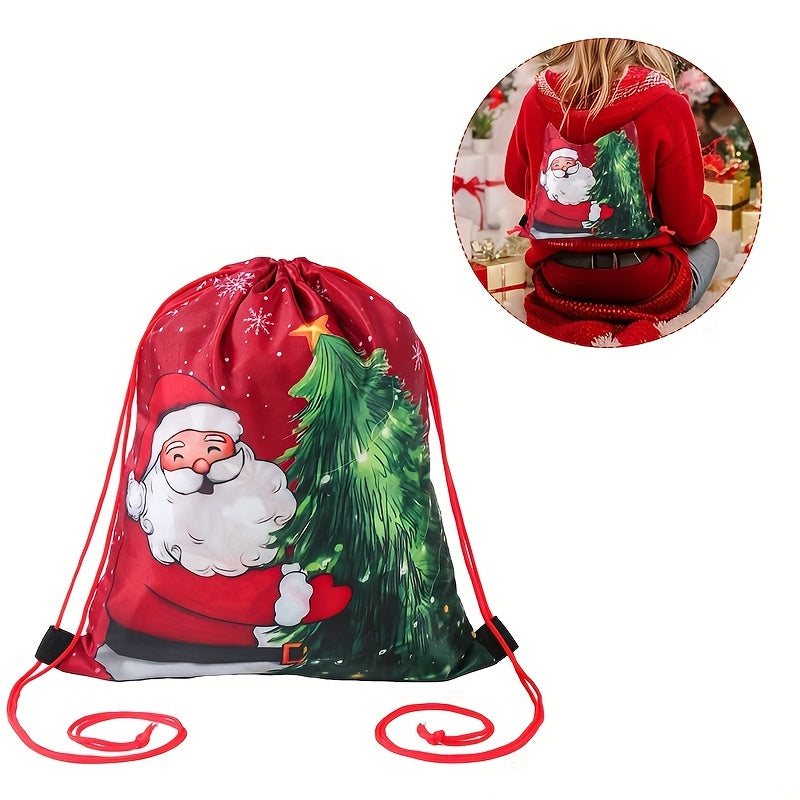 1pc Santa Claus Christmas Tree Drawstring Bag - Red & Green Holiday Gift Packaging with Santa, Snowflakes & Pine Trees, Durable Polyester Gym Bag for Christmas, New Year, Festive Design, Seasonal Decorations, Festive Occasion