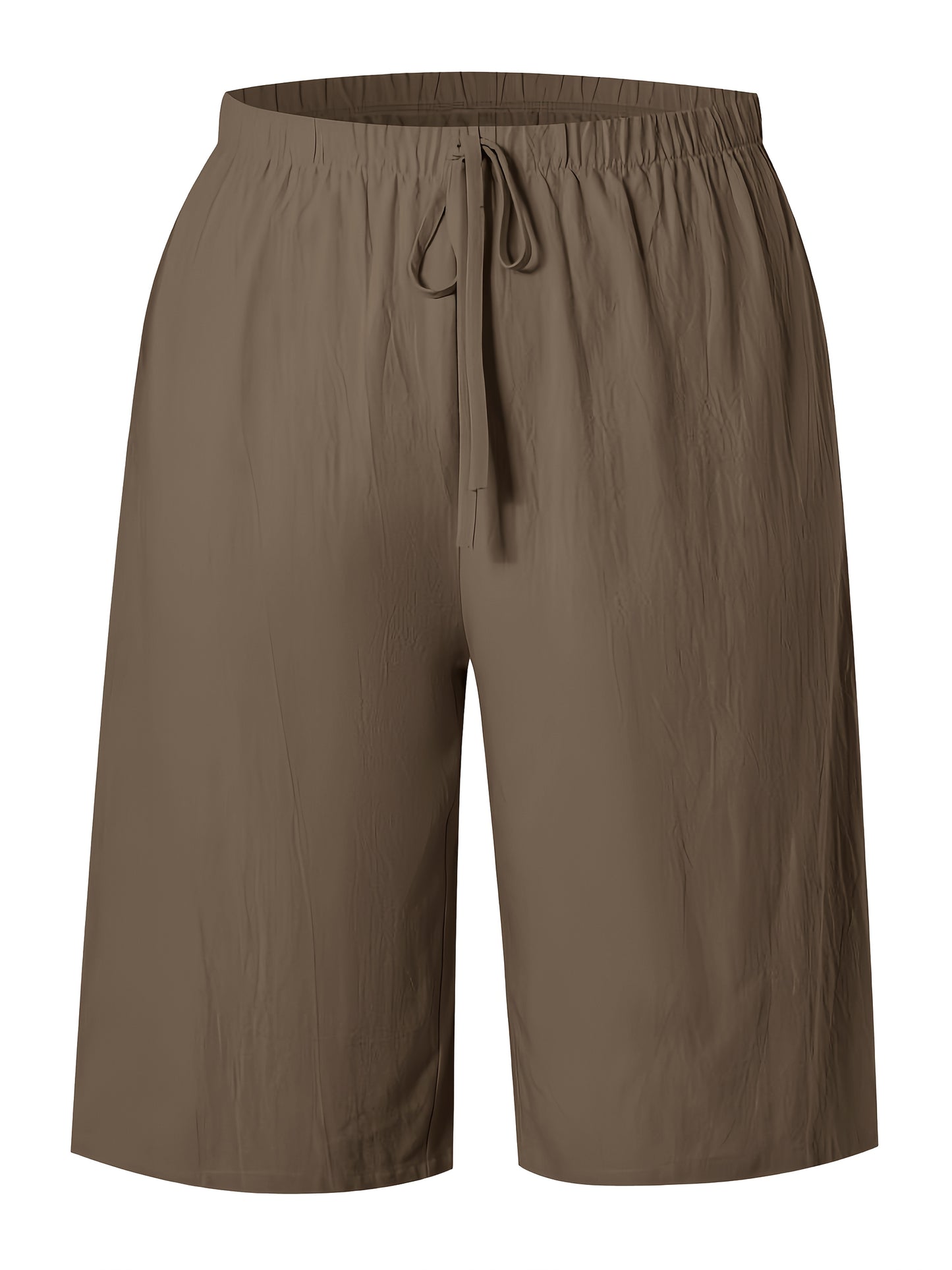 Women's Casual Beach Shorts with Faux Drawstring - Lightweight Polyester, Solid Brown, Knee-Length, Relaxed Fit, Machine Washable, All-Season Wear, Casual Summer Wear | Kneelength Shorts | Polyester Shorts