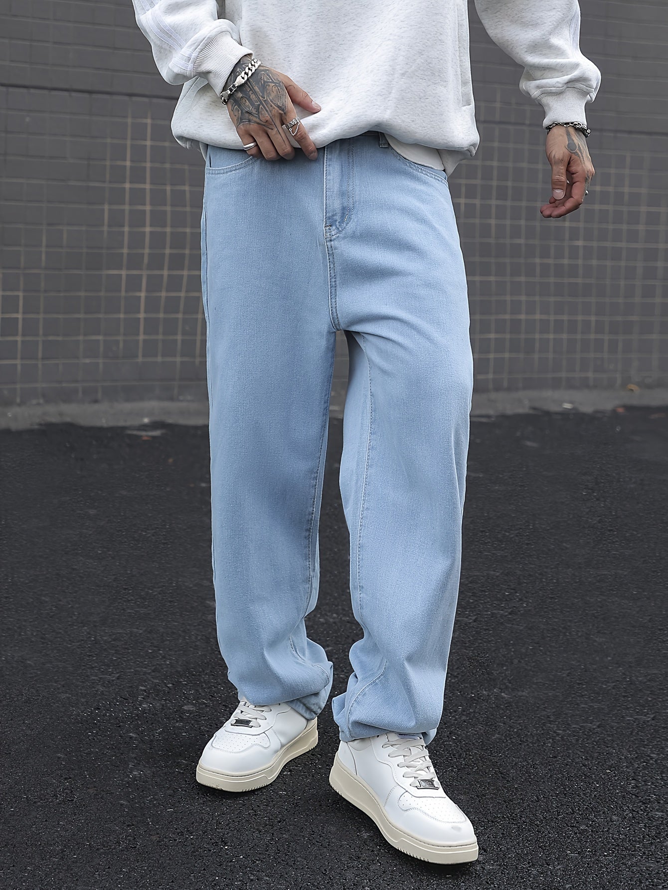 Men's Loose Solid Denim Pants With Pockets, Causal Cotton Blend Jeans For Outdoor Activities