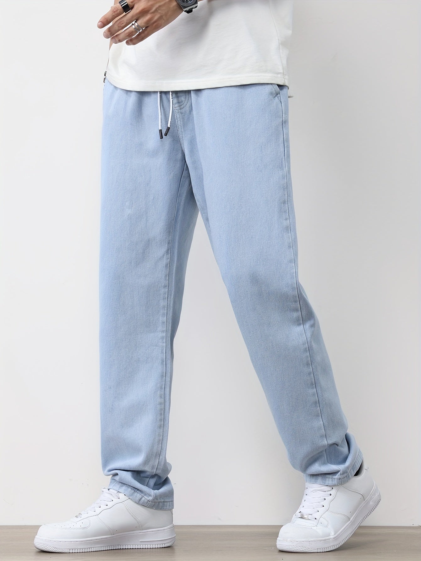 Men's Solid Washed Denim Trousers With Pockets, Causal Drawstring Cotton Blend Barrel Jeans For Outdoor Activities
