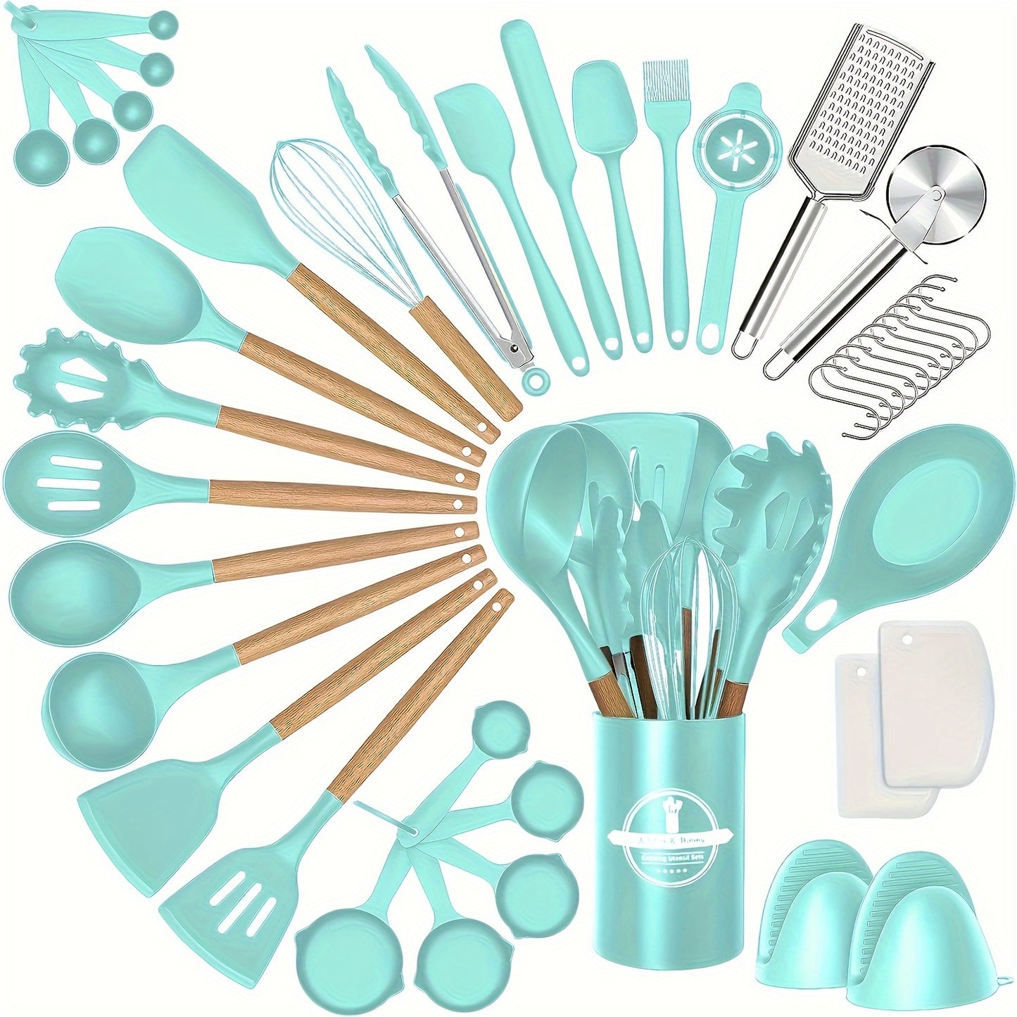 43pcs Non-Stick Cookware Storage Bucket with Wooden Handles, Silicone Kitchen Utensils, Easy-To-Clean Kitchen Tools, Spatula And Spoon Set.