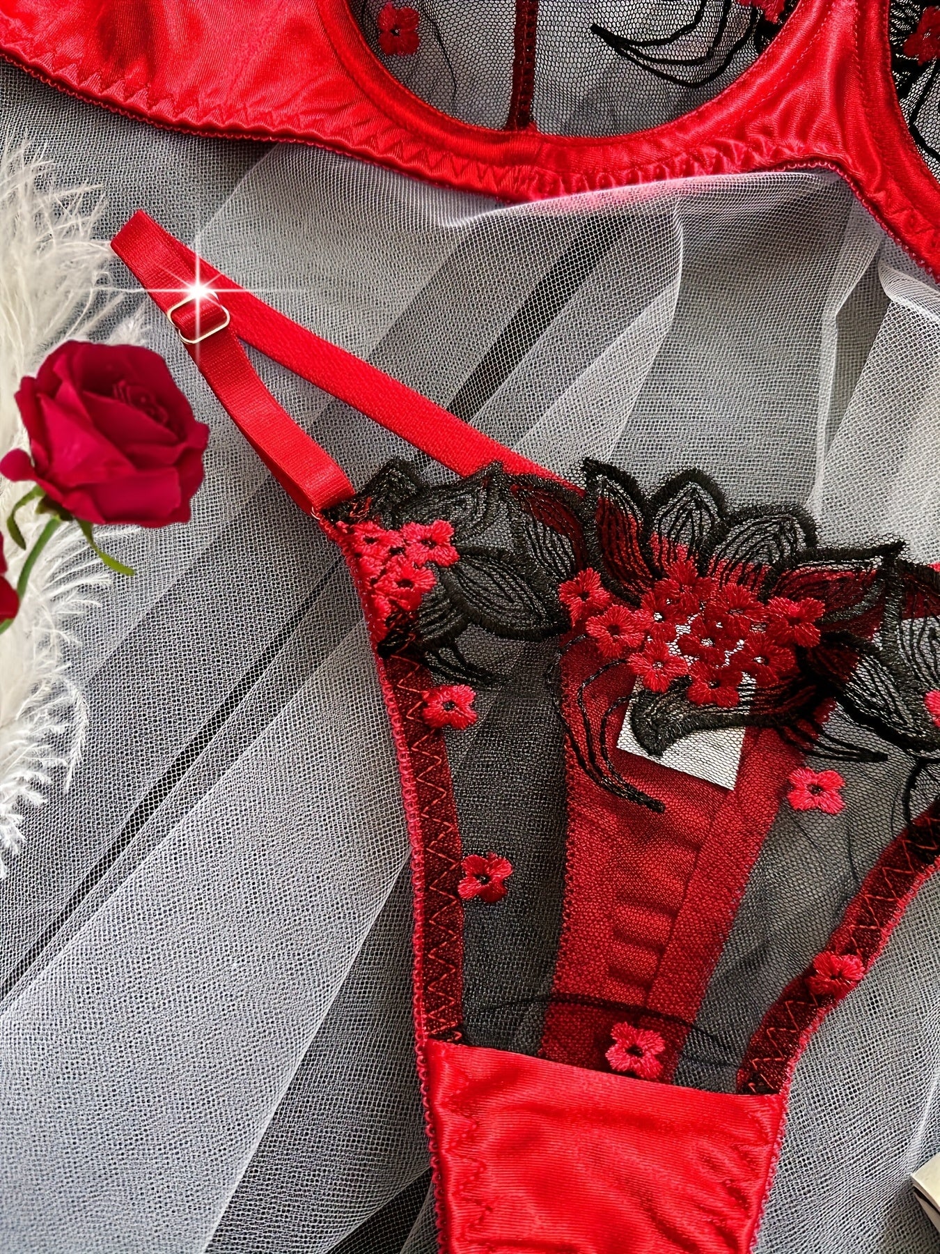 Women'S Floral Embroidery Mesh Bra and Panty Set, Sexy See-Through Lingerie, Medium Support Knit Fabric, Polyester 95% Elastane 5%, Party Style, Adult Romantic Underwear for Dating & Parties