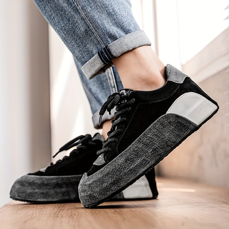Men's Lightweight Breathable Casual Sneakers - Thick Cushioned Sole, Lace-Up Low-Top Design, Durable PU PVC Construction for All-Season Outdoor, Gym, Running Daily Wear - Black, Outdoor Walking Shoes, Chunky Sole, Comfort
