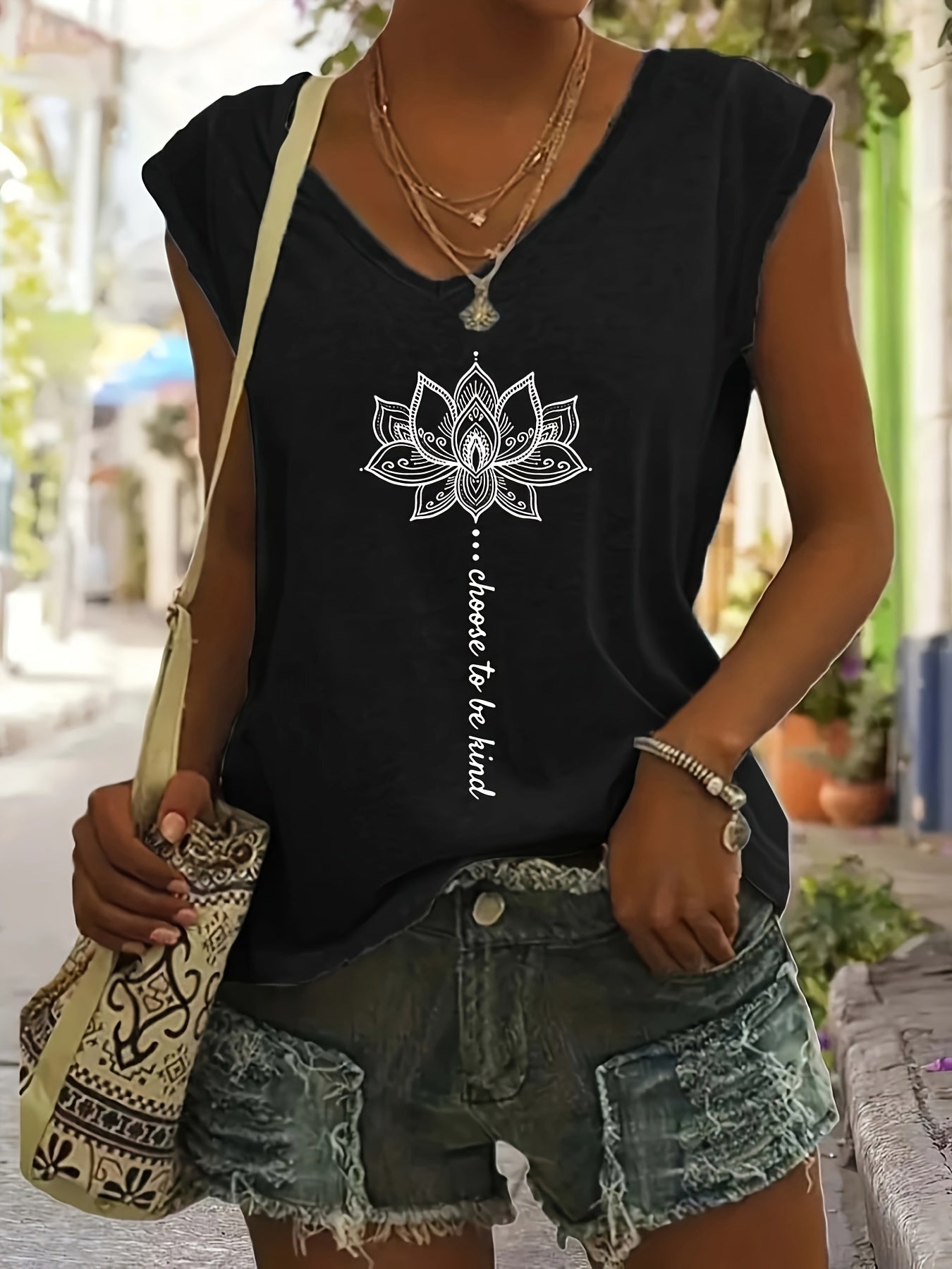 WISH Quick Deal: Ebye Spring/Summer 2024 - Women's Light Blue V-Neck T-Shirt with Inspirational for Lotus & Letter Print, Casual Loose Fit, Rayon Blend, Machine Washable