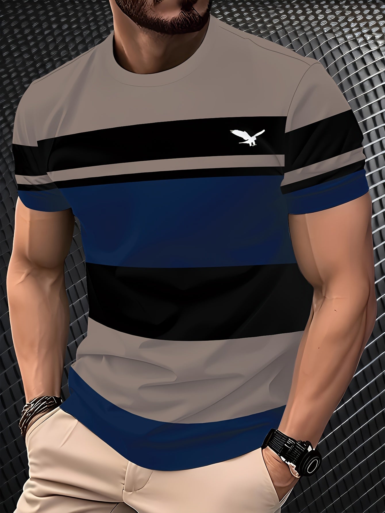 Men'S 3D Digital Print Short Sleeve T-Shirt - Breathable Round Neck, Non-See-Through, Lightweight Comfortable, Casual Style with Eagle Logo, Perfect for All Seasons, Versatile Clothing Stylish Graphic Tee Comfortable Fi