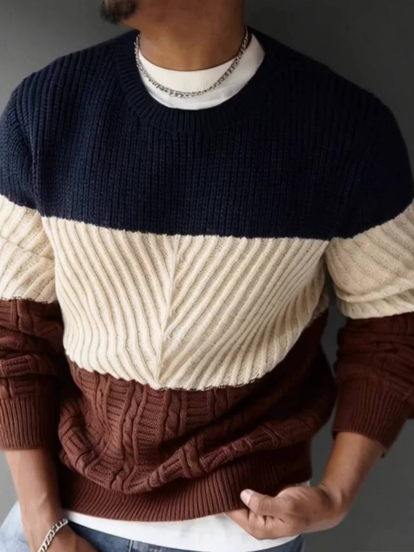 Տղամարդկանց աշնանային և ձմեռային նորաձև հագուստ, նորաձև առօրյա գունային բլոկներով տրիկոտաժե սվիտեր՝ բազմաֆունկցիոնալ կլոր վզով, երկար թևքերով դիզայնով