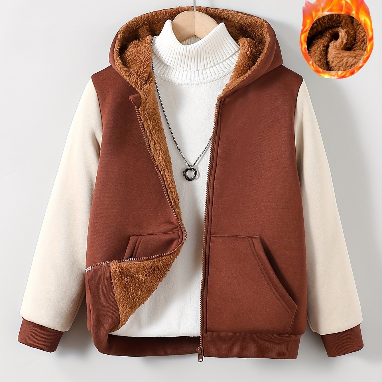 1pc Boys Stylish Color Block Fleece Lining Hooded Jacket, Long Sleeve Zip Up Jacket, Kids Clothes Outdoor