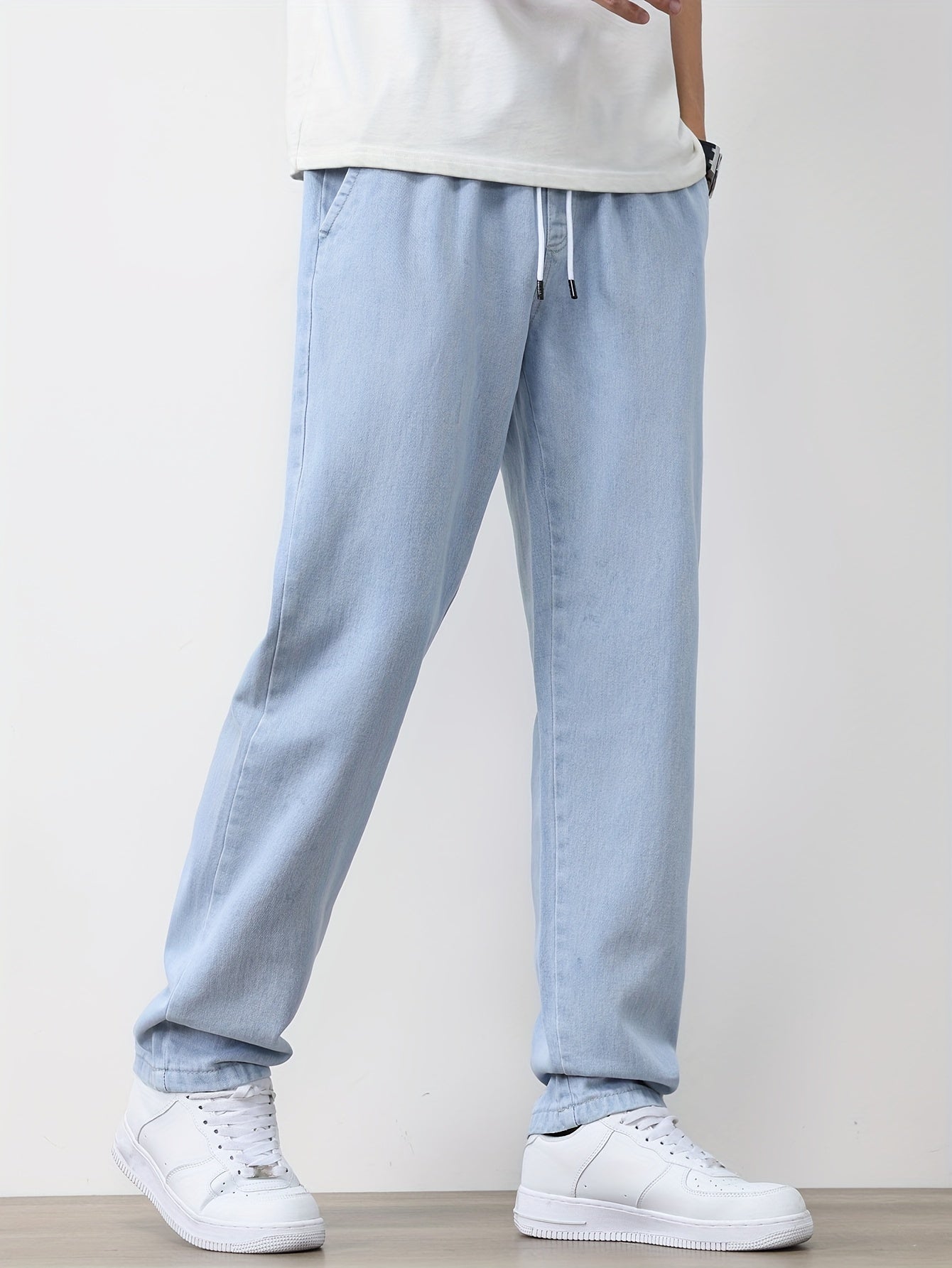 Men's Solid Washed Denim Trousers With Pockets, Causal Drawstring Cotton Blend Barrel Jeans For Outdoor Activities