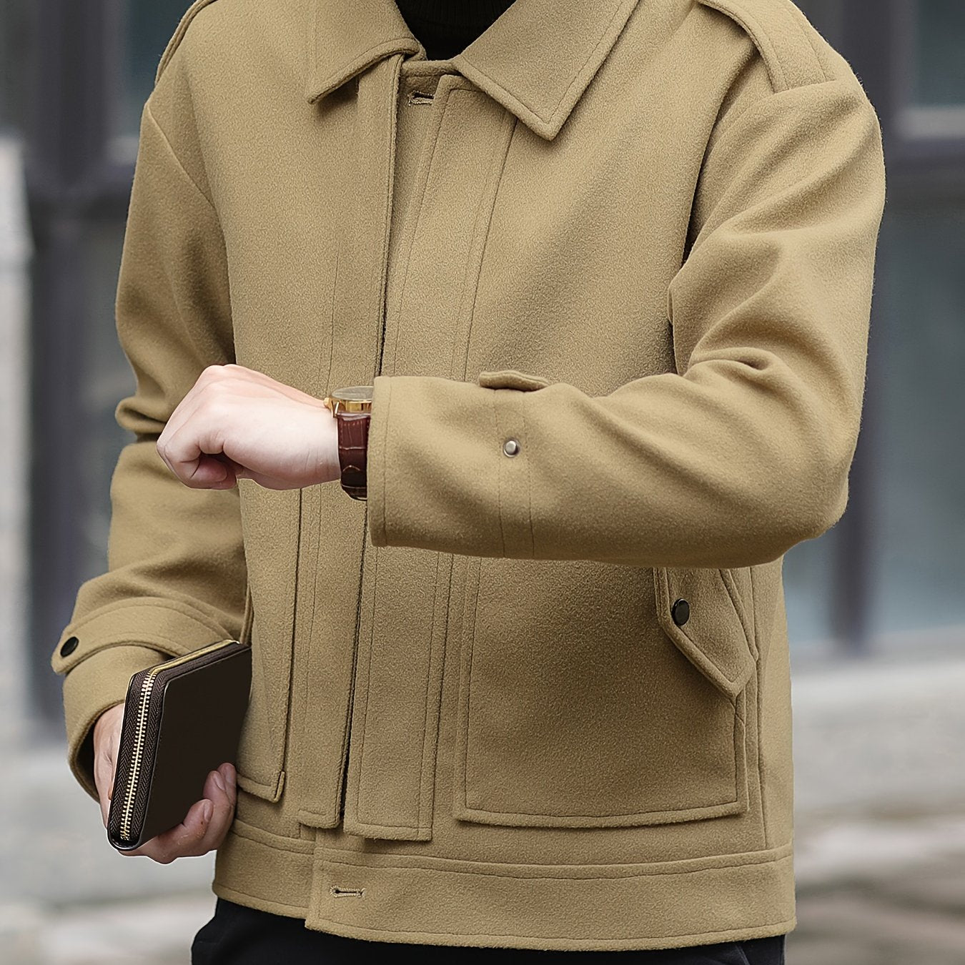 Men's Stylish Autumn/Winter Warm Polyester Casual Jacket with Lapel Collar, Zipper Closure, and Pockets - 100% Polyester Solid Color Loose Fit Coat