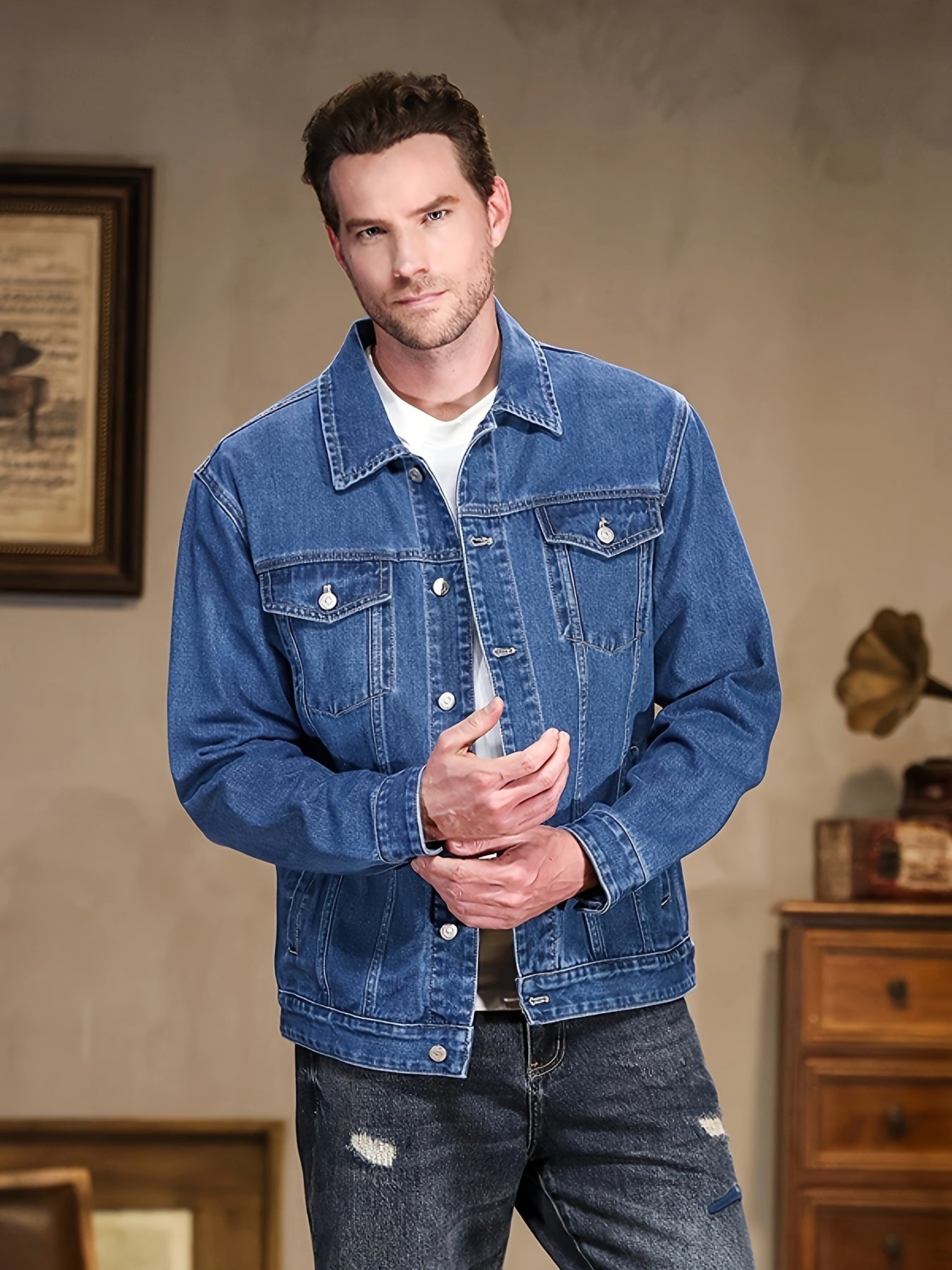 Men's Casual Denim Jacket - Spring & Autumn Collection, Washed Blue, Cotton Blend, Machine Washable, Lapel Collar with Pockets, 2024 New, Denim Jacket