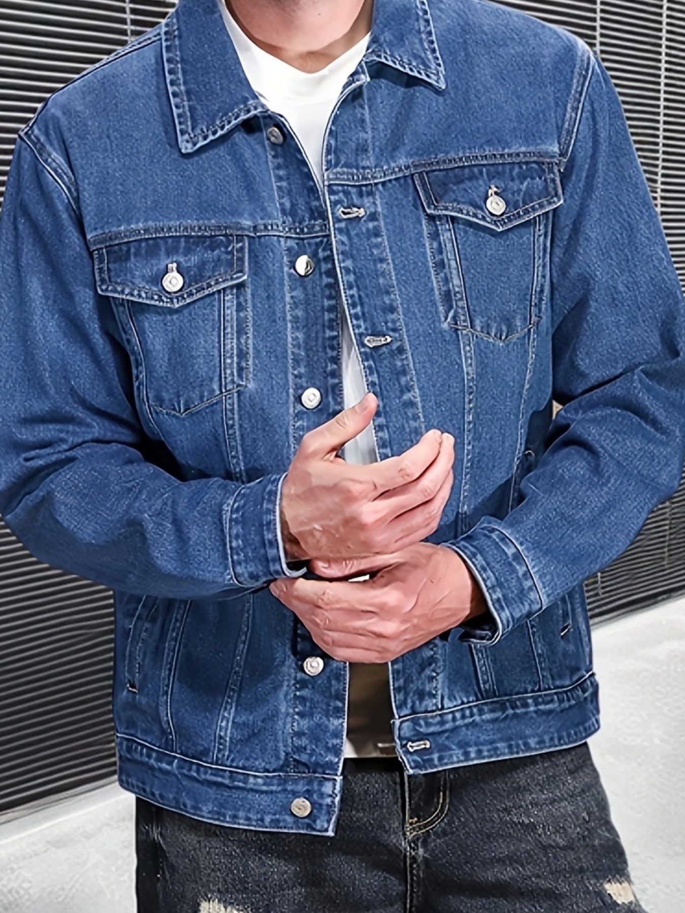Men's Casual Denim Jacket - Spring & Autumn Collection, Washed Blue, Cotton Blend, Machine Washable, Lapel Collar with Pockets, 2024 New, Denim Jacket